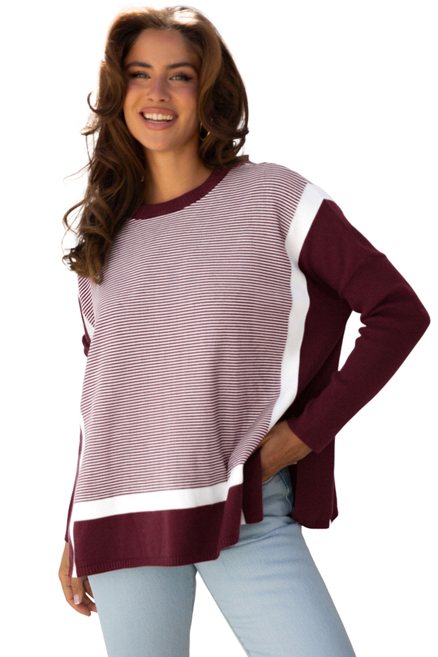 Stripe Colorblock Patchwork Dolman Sleeve Sweater