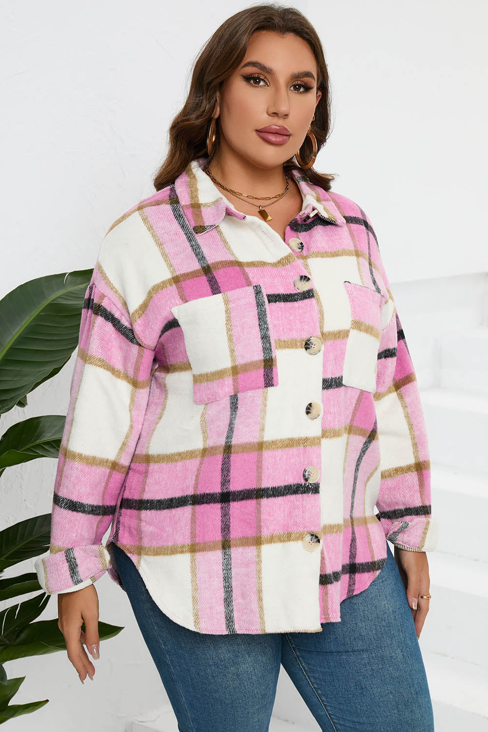 Plaid Colorblock Button-Up Long Sleeve Pocketed Shacket