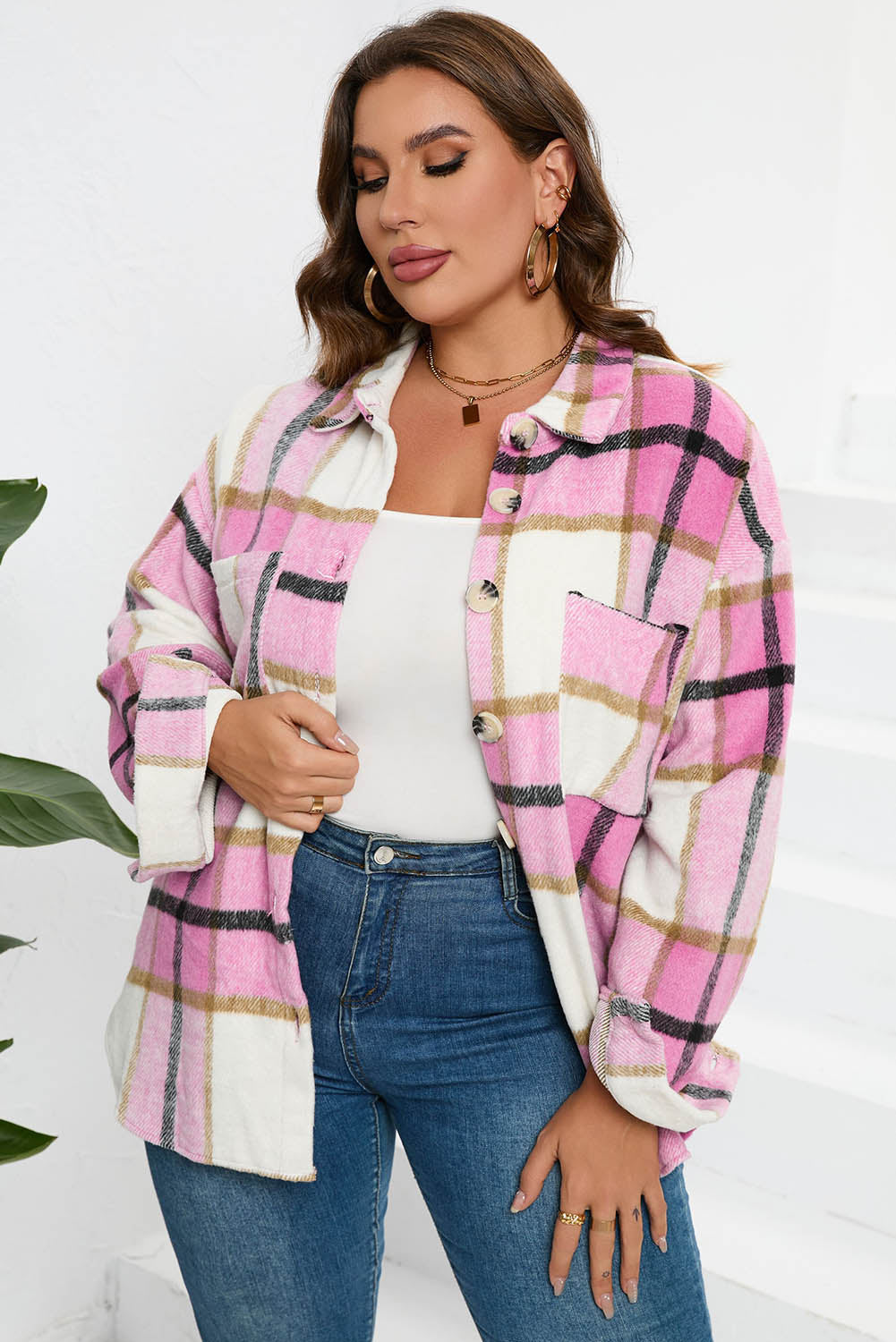 Plaid Colorblock Button-Up Long Sleeve Pocketed Shacket