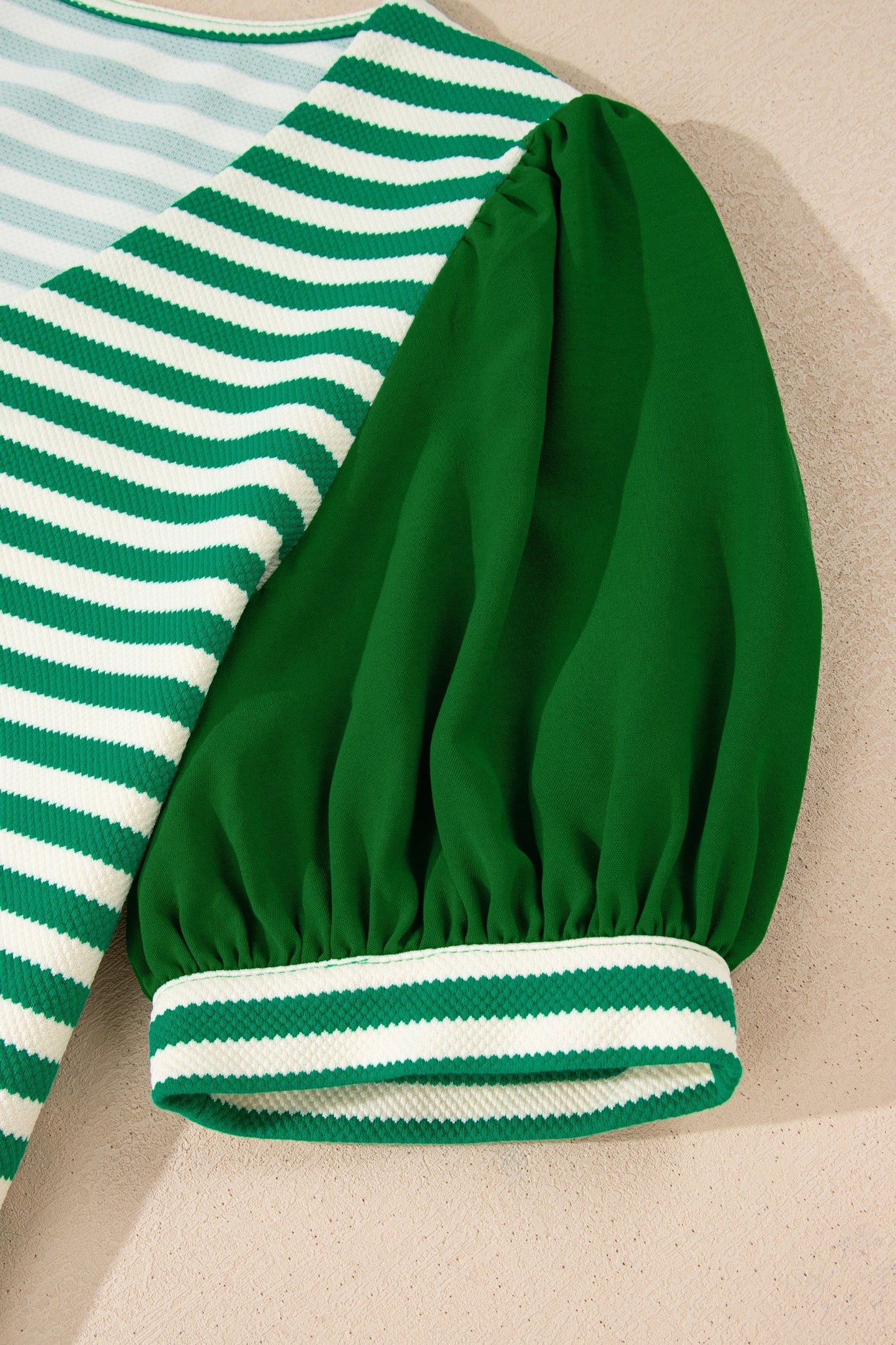 Stripe Patchwork Puff Short Sleeve V-Neck Blouse