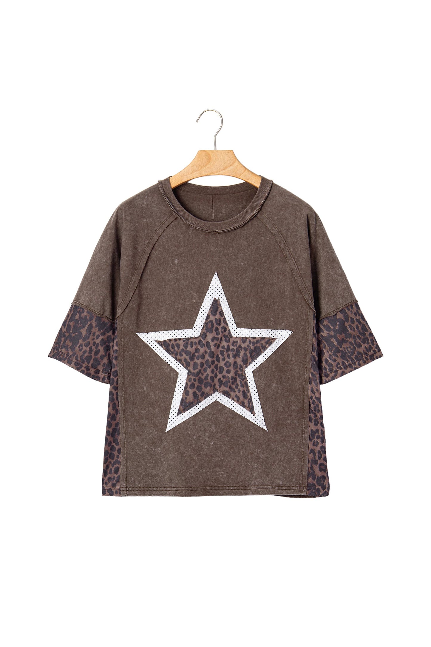 Leopard Star Patched Mineral Wash Exposed Seam T-Shirt