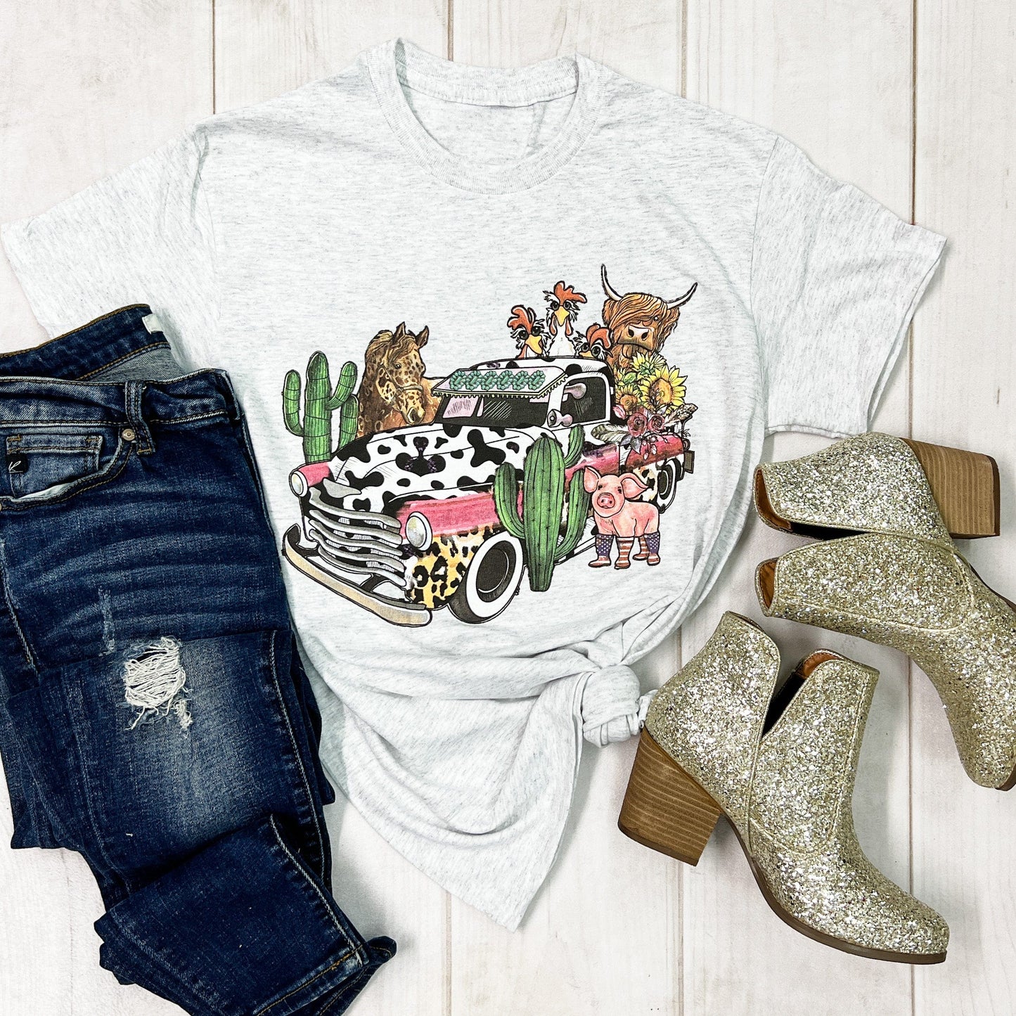 Barnyard Cow Print Truck Graphic Tee