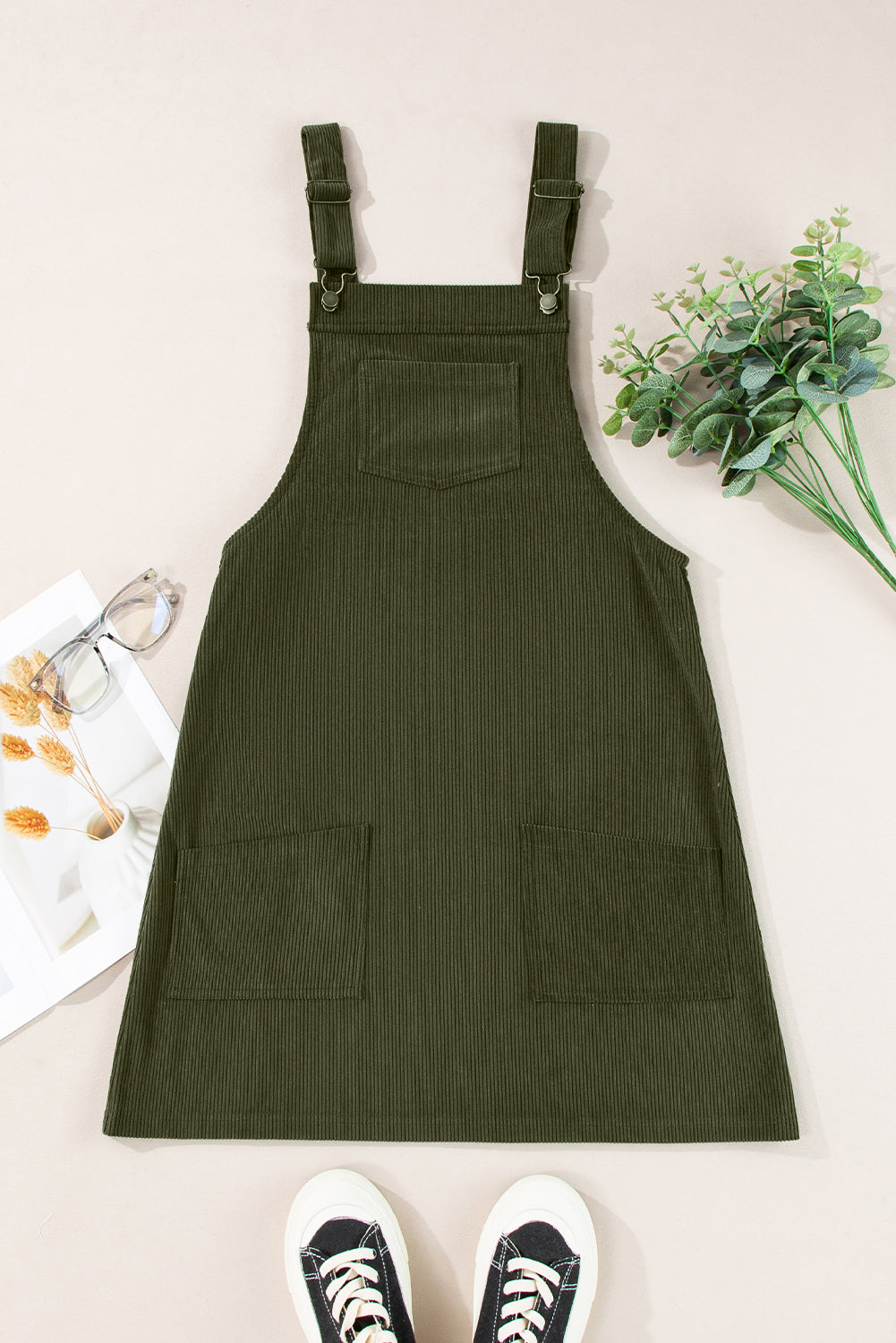 Solid Corduroy Front Pockets Sleeveless Dress