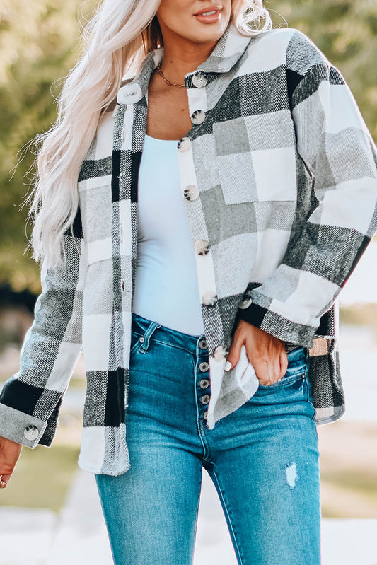 Plaid Colorblock Button-Up Long Sleeve Pocketed Shacket