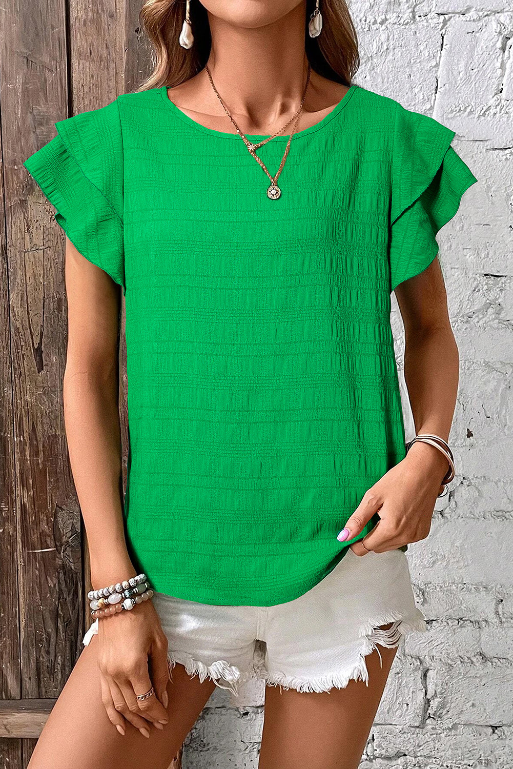 Textured Ruffle Sleeve Top