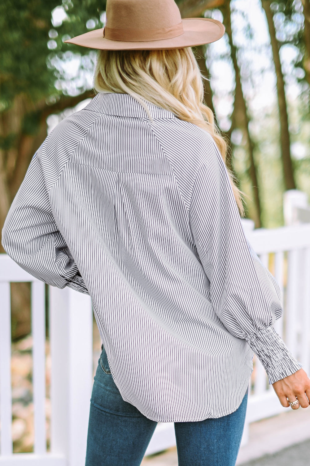 Stripe Smocked Button-Up Shirt