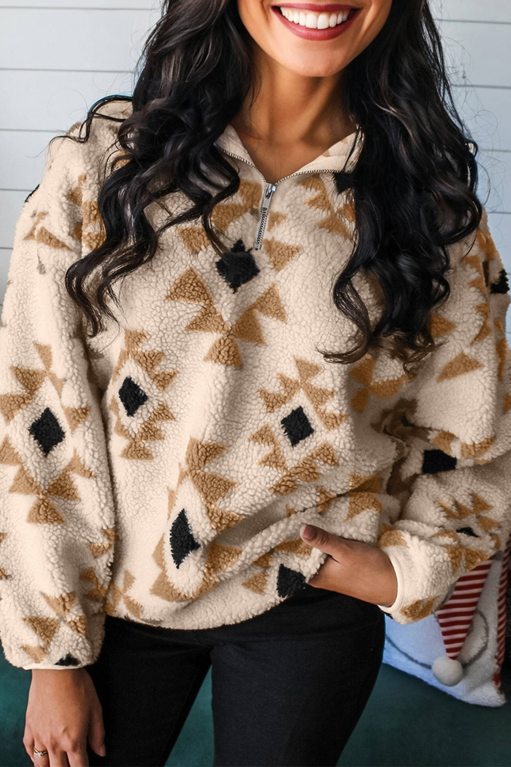 Western Aztec Sherpa Quarter-Zip Collared Sweatshirt