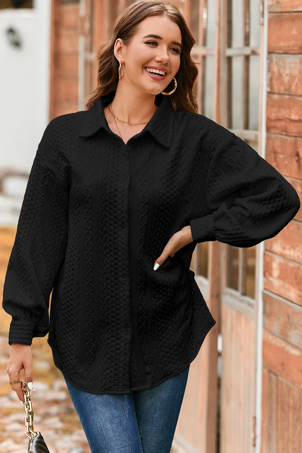 Solid Cable Knit Textured Puff Sleeve Shacket