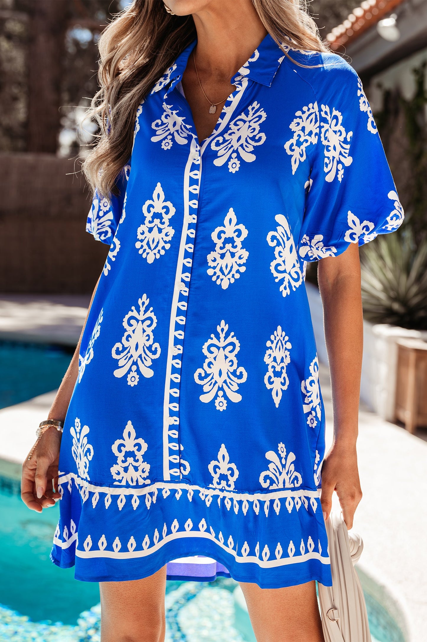 Boho Geometric Collared Button Front Mini Dress