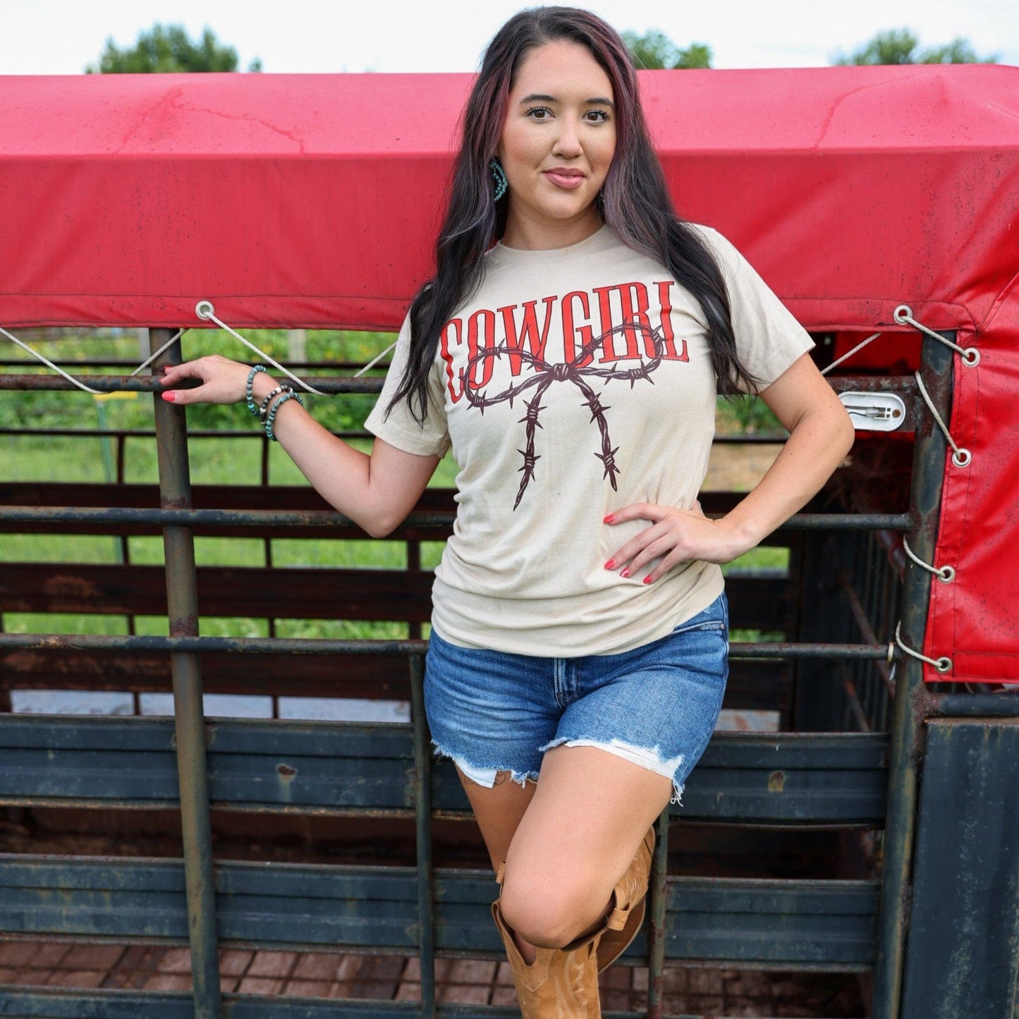 Cowgirl Barbed Wire Bow Western Tee Soft Graphic Tee