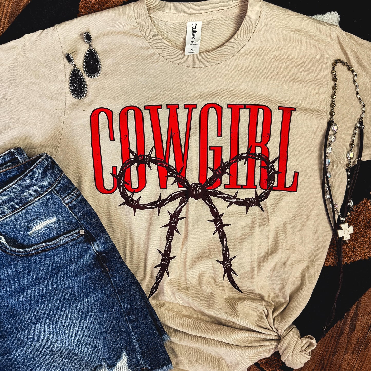 Cowgirl Barbed Wire Bow Western Tee Soft Graphic Tee