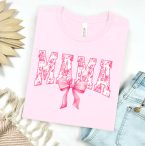 Pink Floral Mama with Bow Graphic Tee