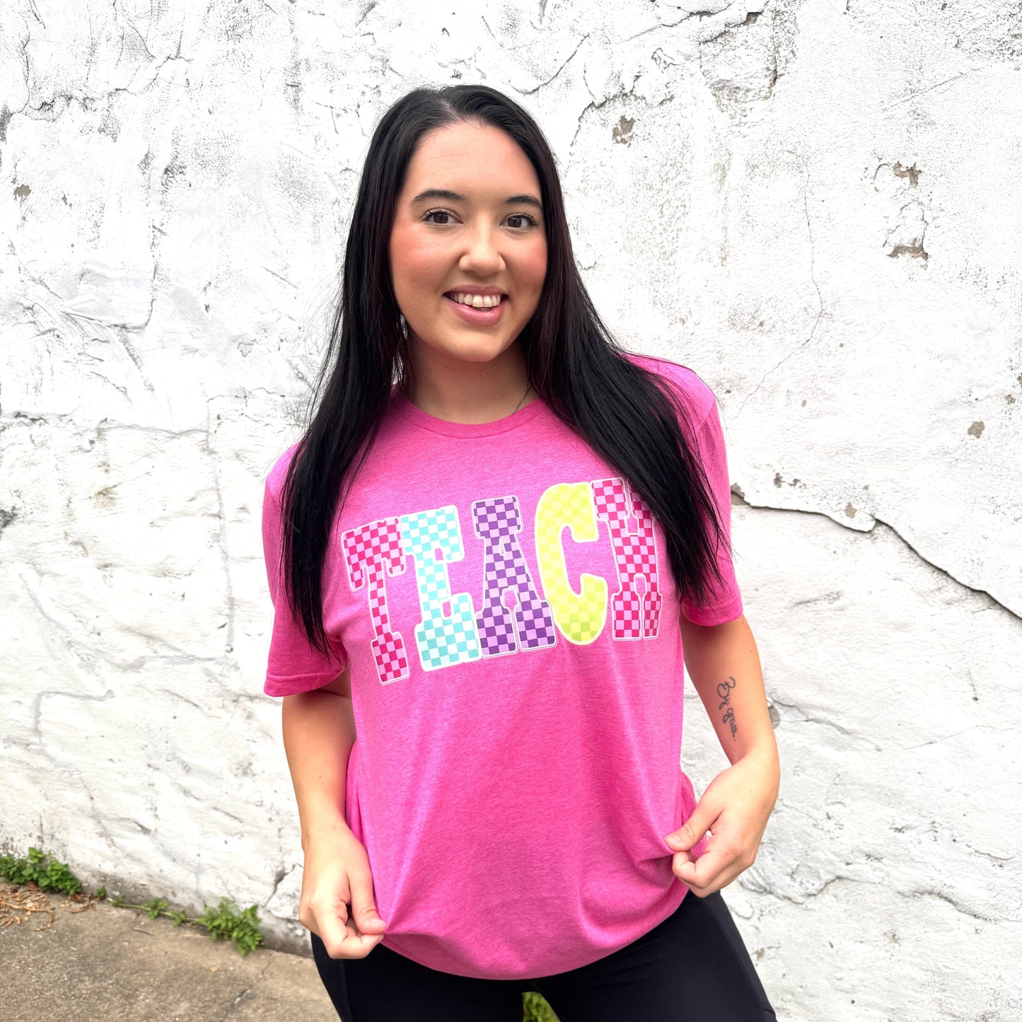 TEACH Checkered Neon Graphic Tee