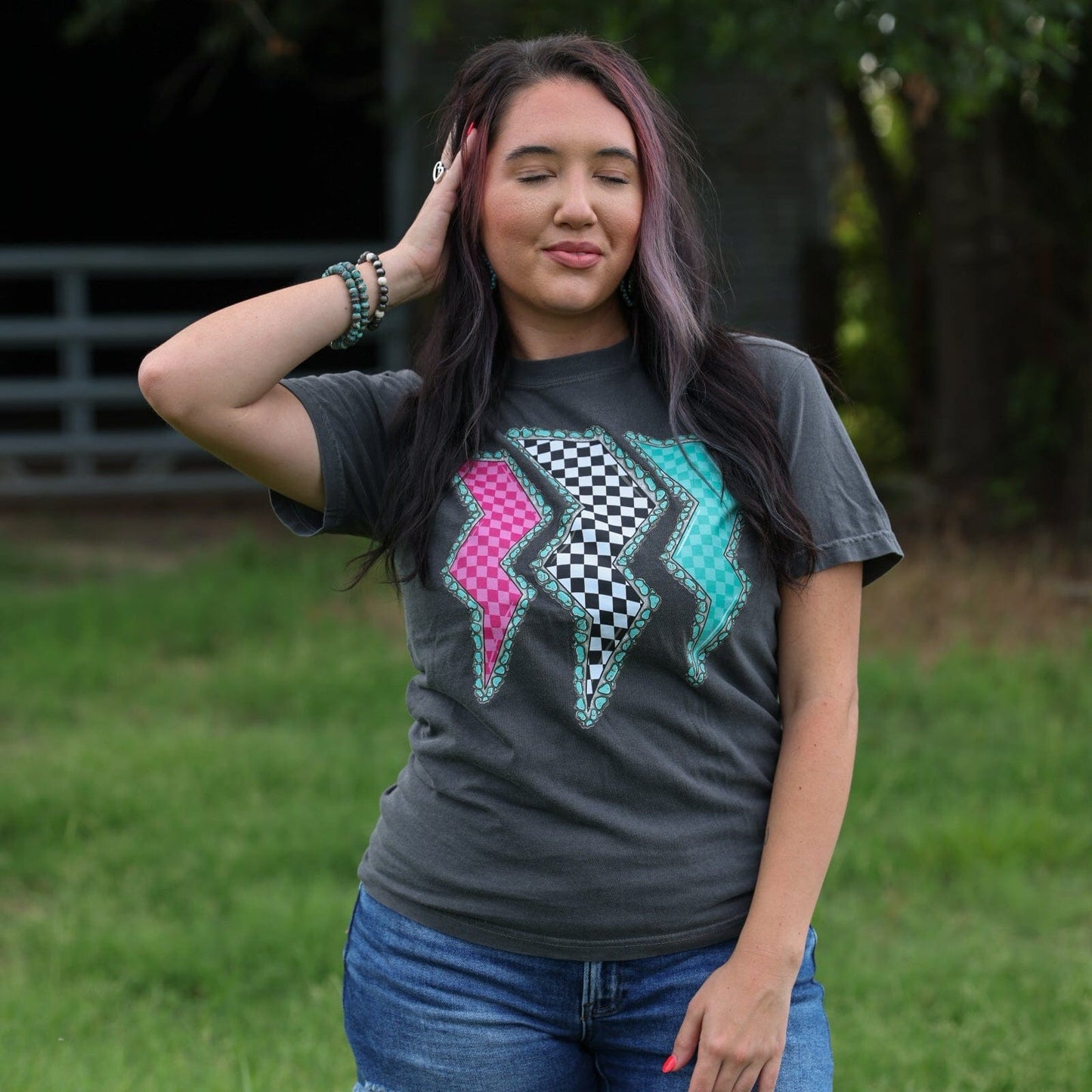 Triple Lightning Bolt Turquoise Border Tee Soft Graphic Tee