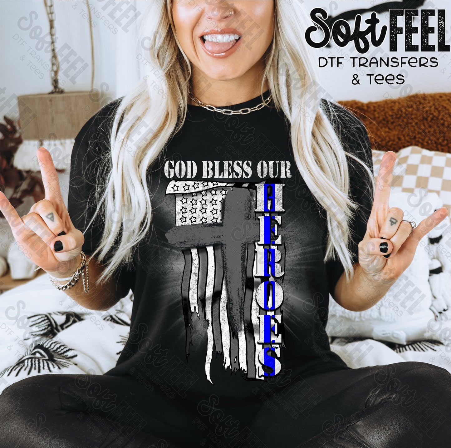 God Bless Our Hero's Blue Line Police - Public Service / Men's / Women's - Direct To Film Transfer / DTF - Heat Press Clothing Transfer