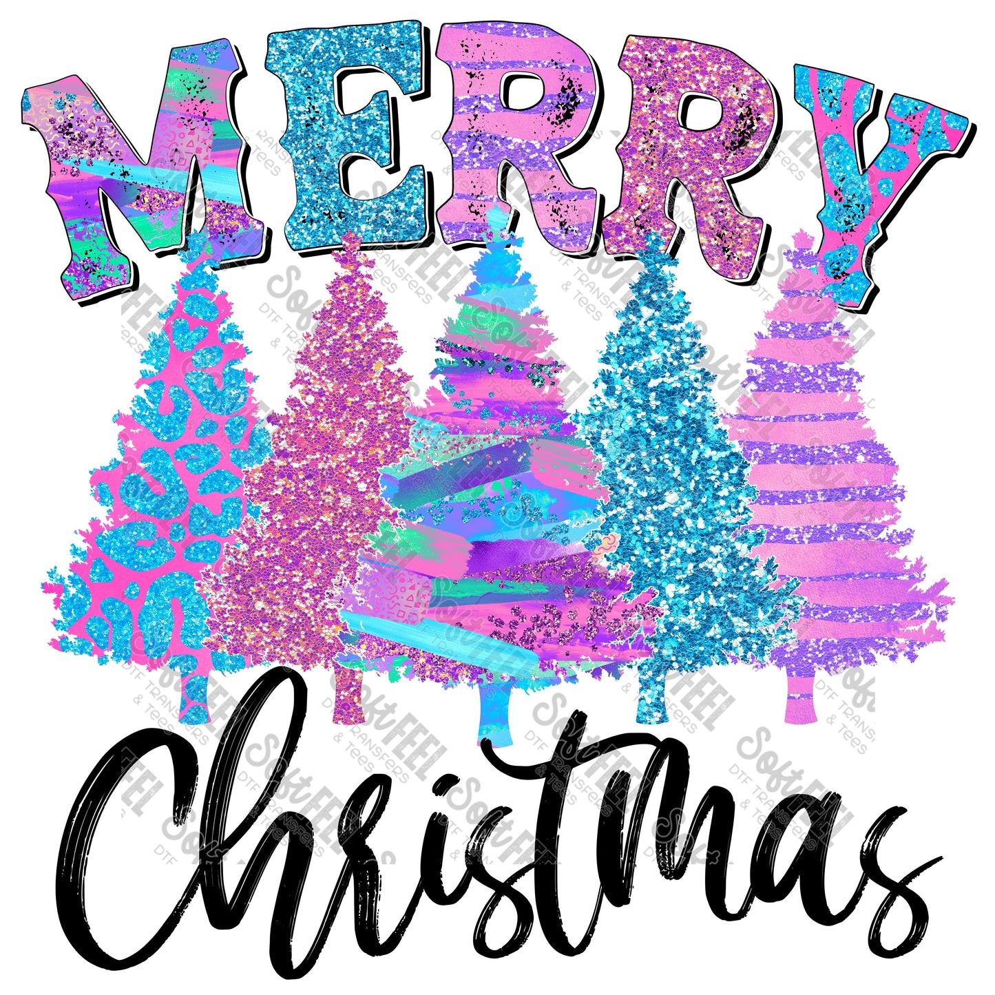 Merry Christmas Trees Colorful Glitter - Christmas - Direct To Film Transfer / DTF - Heat Press Clothing Transfer