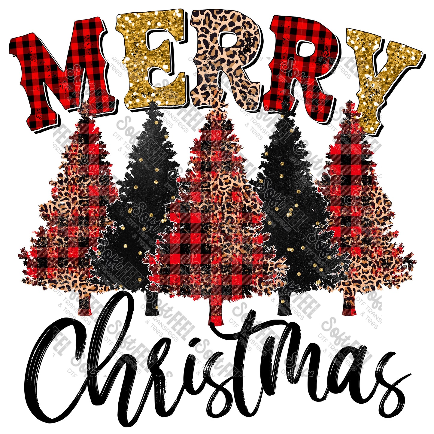 Merry Christmas Trees Grunge Leopard Plaid - Christmas - Direct To Film Transfer / DTF - Heat Press Clothing Transfer