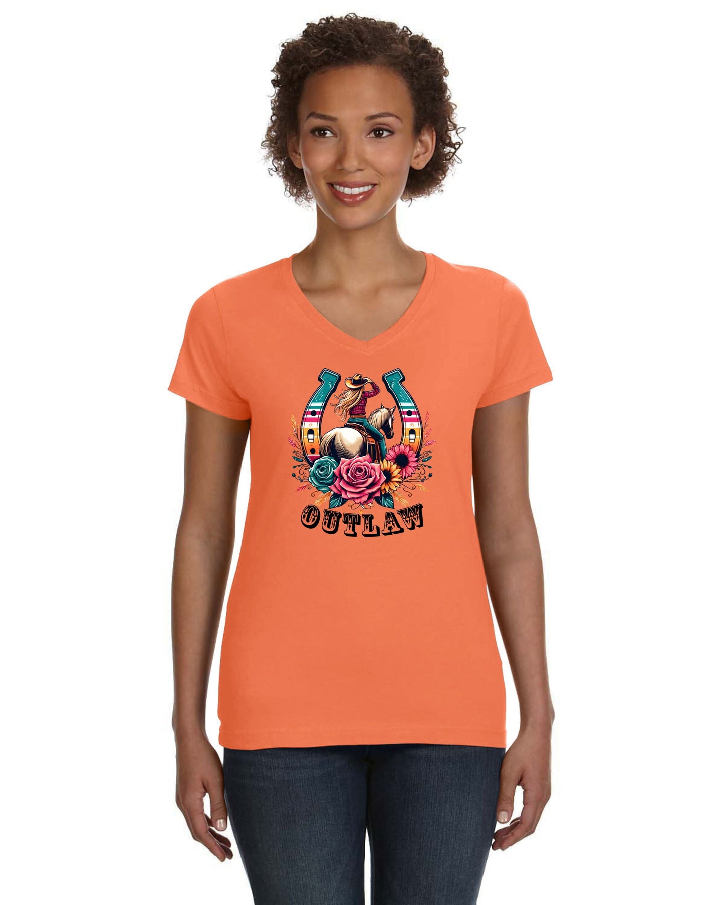 Outlaw Floral Cowgirl Graphic V-Neck T-shirt - NEW