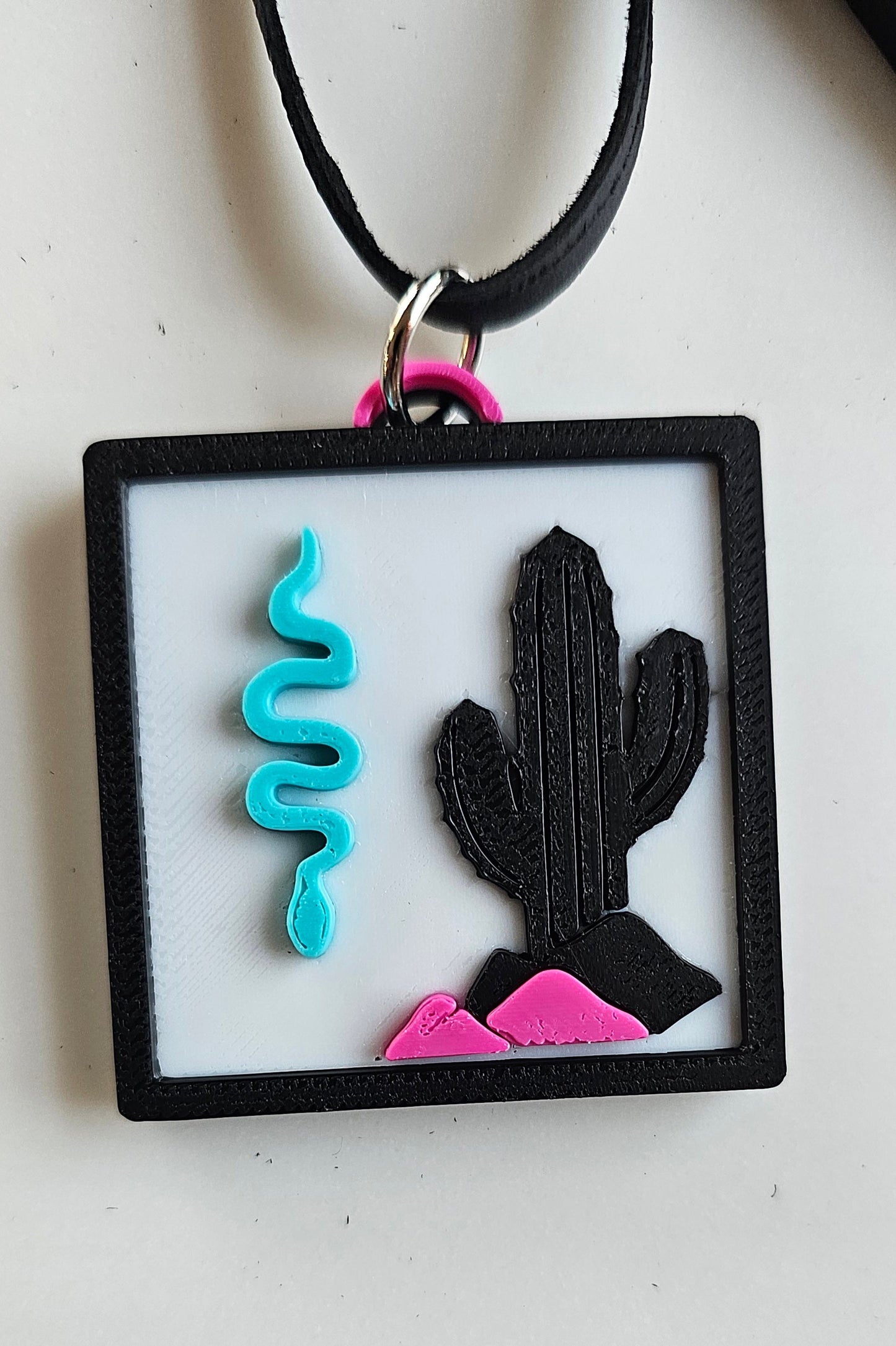 3D Print Picture Necklace on Deerskin Leather Western Bull Skull Desert Cactus Made in America