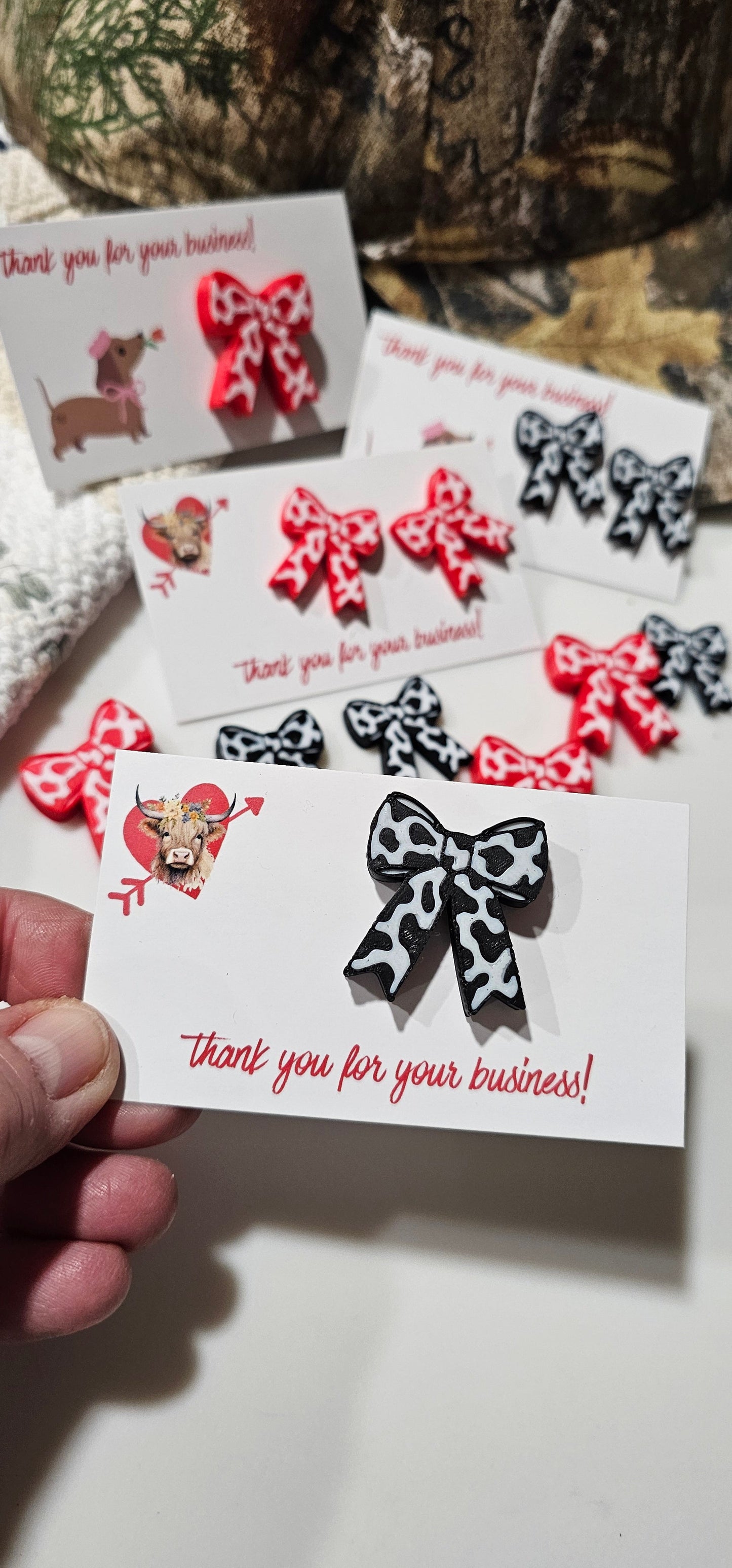 Bag of 25 -Boutique 3d Printed Package Inserts Cow Print Bows Pins or Earrings Made in America