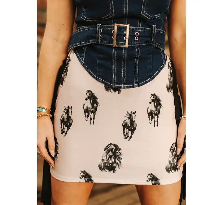 Cream Horse Printed Brown Suede Skirt W Side Fringe