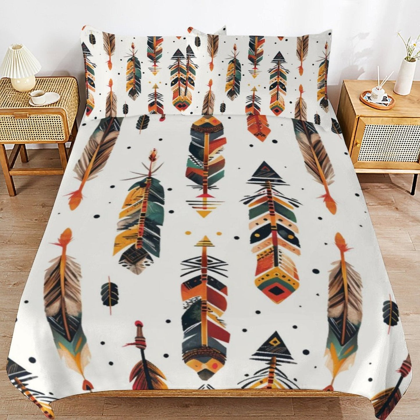 Boho Feather Print 3-Piece Bedding Set (1 Duvet Cover + 2 Pillow Shams) – 102"×90"