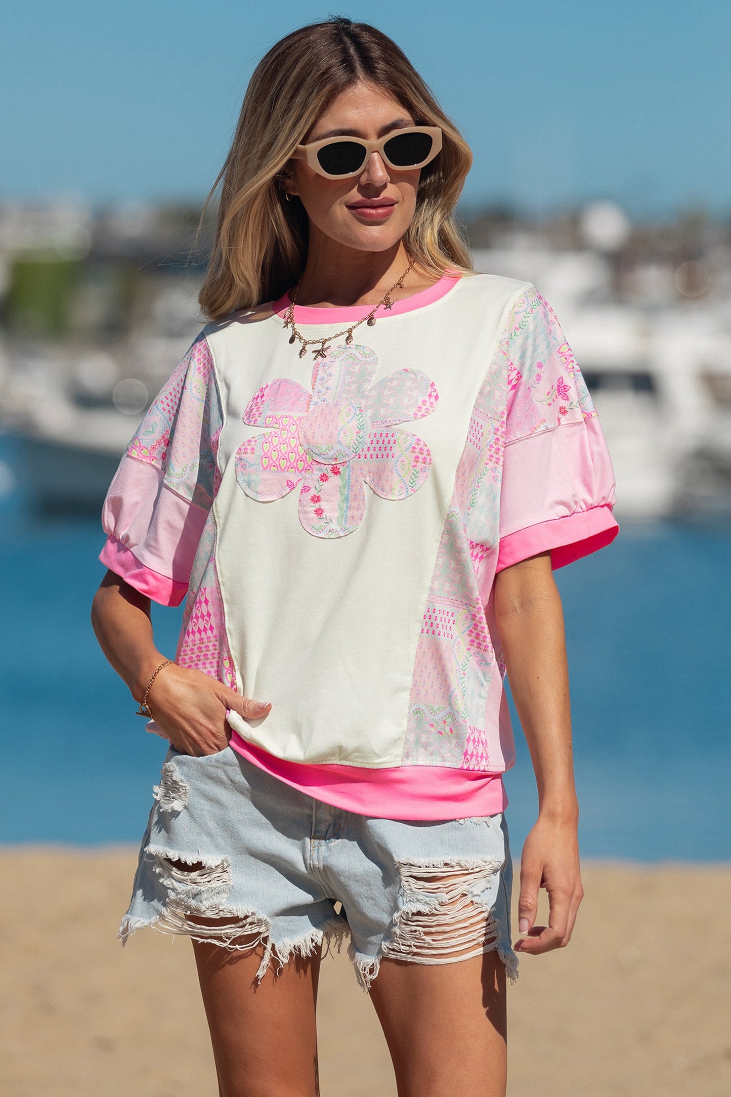Floral Colorblock Patchwork Short Sleeve Top