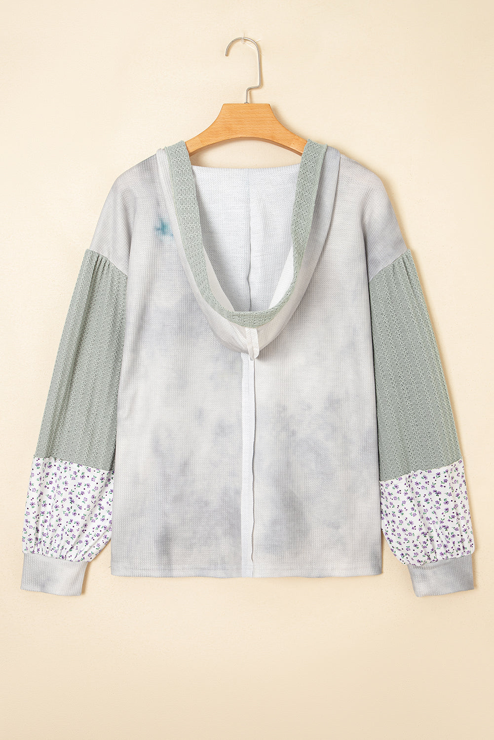 Floral Patchwork Waffle Textured V-Neck Hooded Top