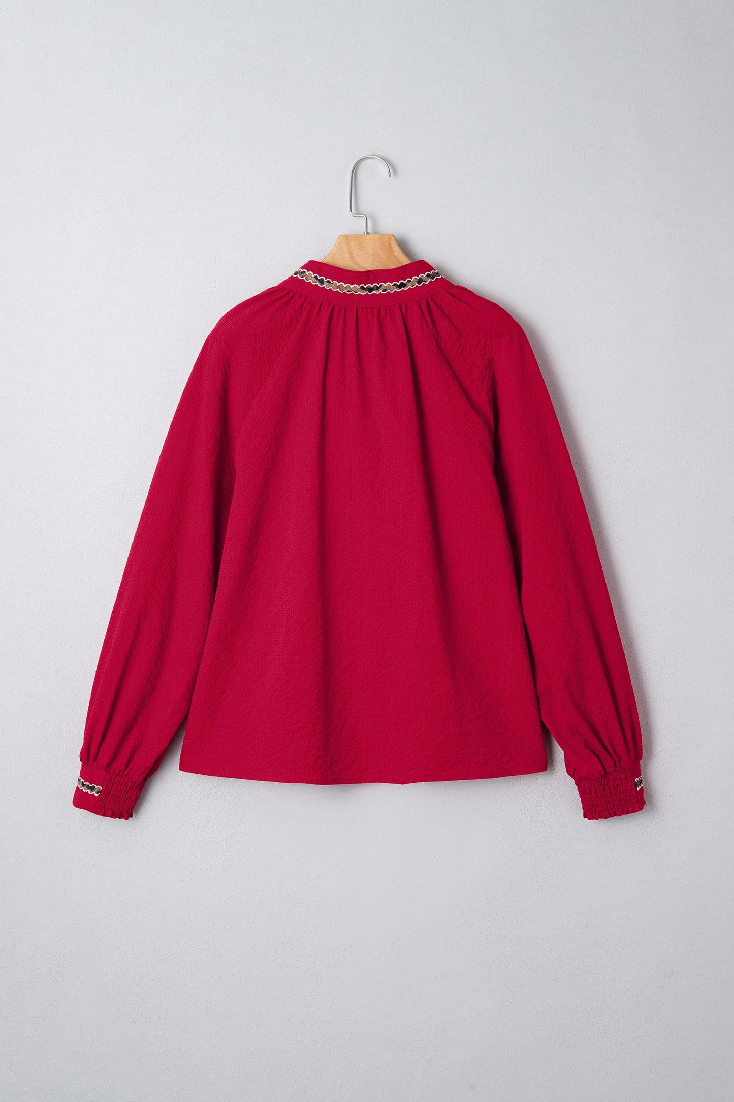 Leopard Contrast Trim V-Neck Long Sleeve Blouse