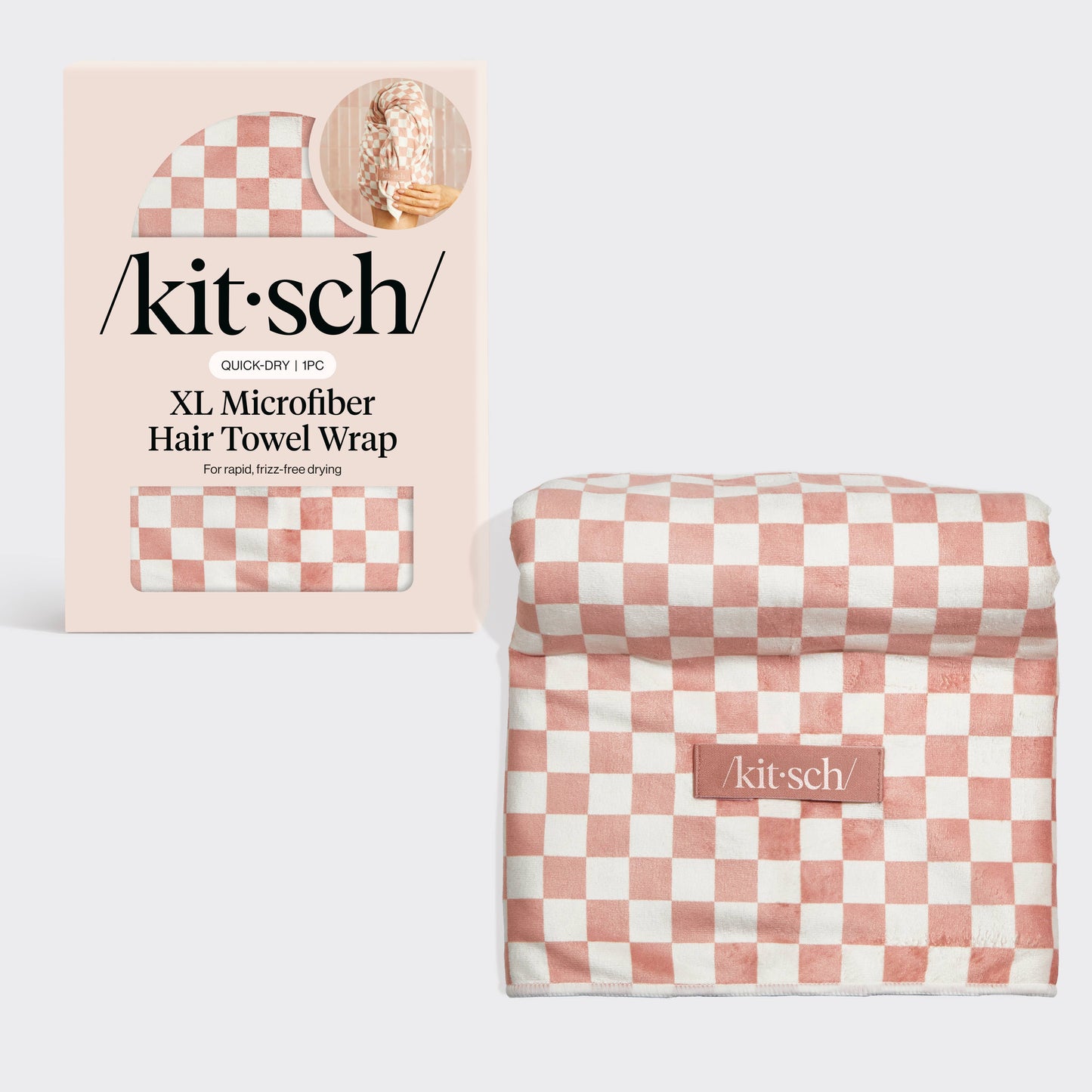 Extra Large Quick-Dry Hair Towel Wrap- Terracotta Checker by Kitsch