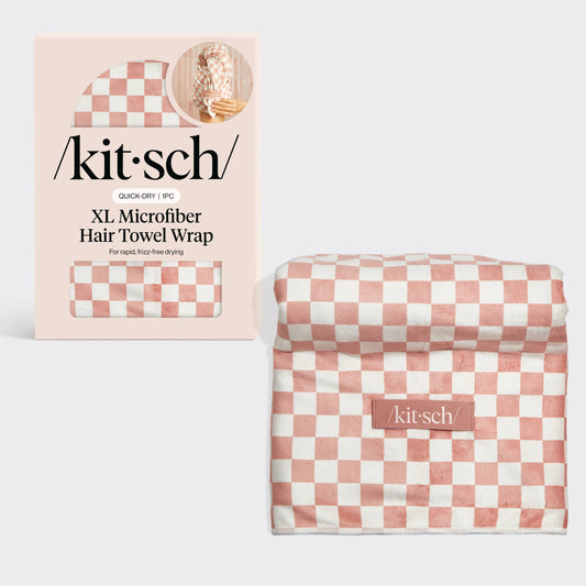 Extra Large Quick-Dry Hair Towel Wrap- Terracotta Checker by Kitsch