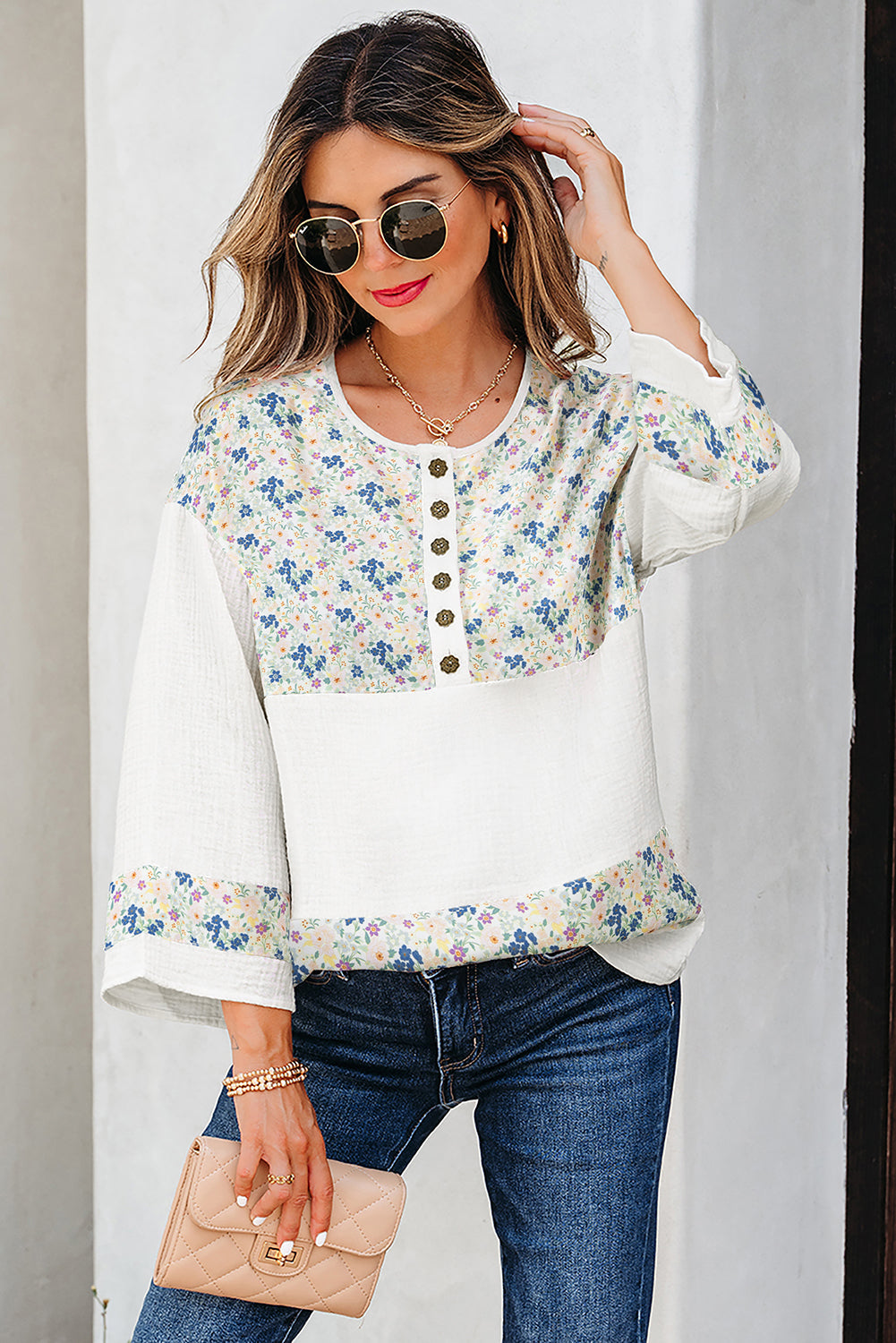 Floral Gauze Patchwork 3/4 Sleeve Blouse