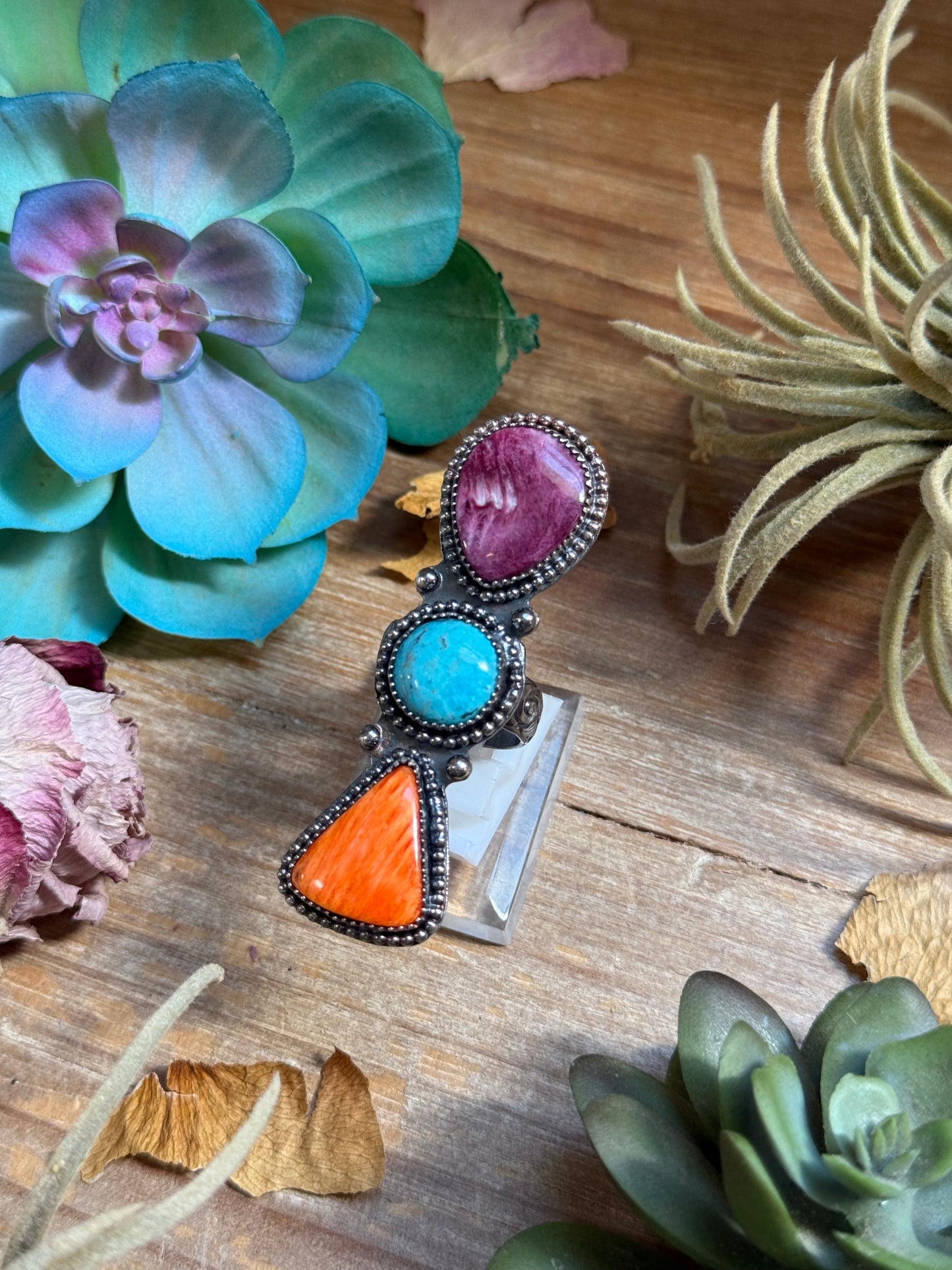 MJ Ring - Three Stone Turquoise & Spiny Oyster Ring
