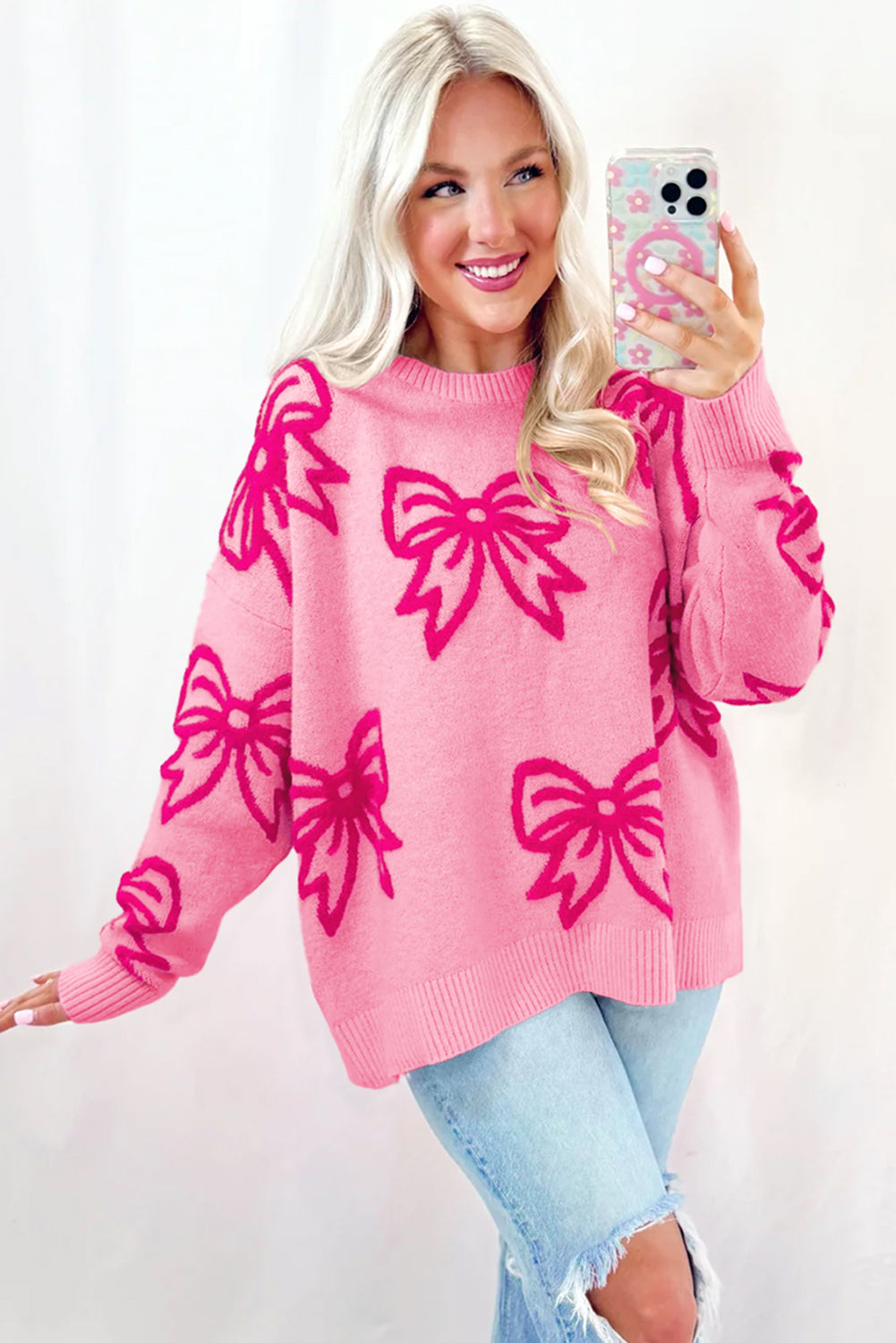 Bow Drop Shoulder Long Sleeve Sweater