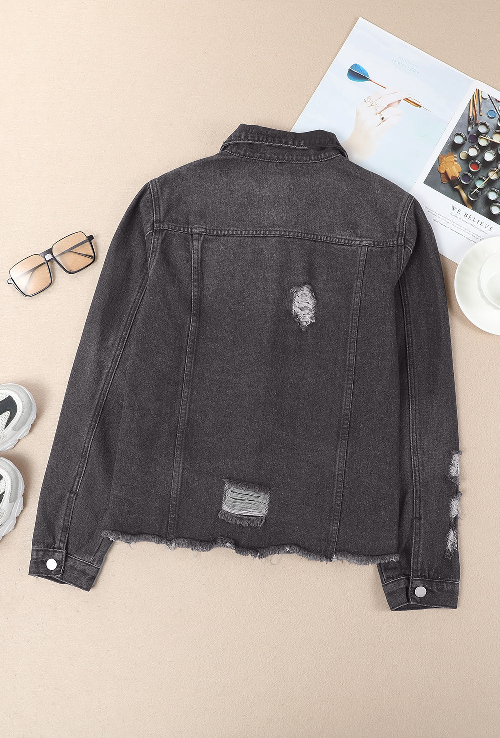 Denim Lapel Distressed Raw Hem Buttoned Jacket