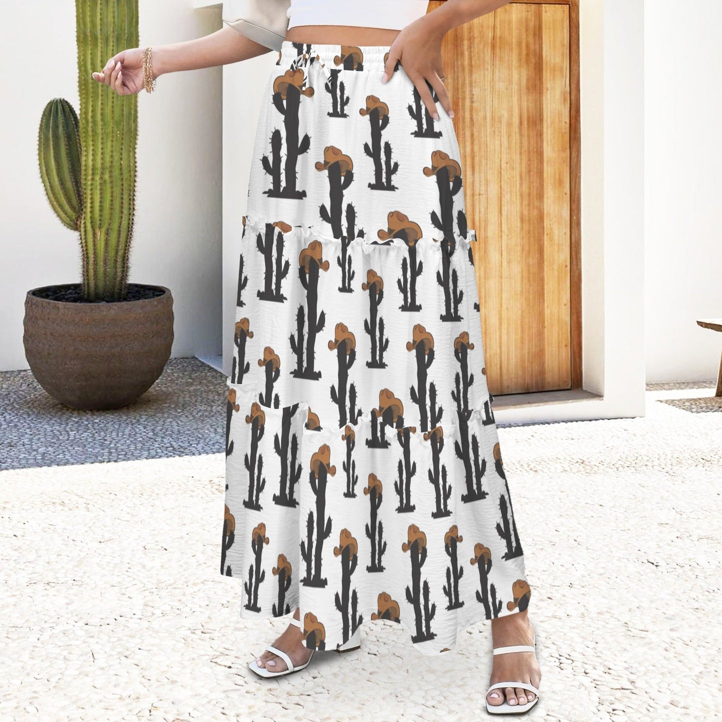 Western Cactus Tiered Prairie Maxi Skirt
