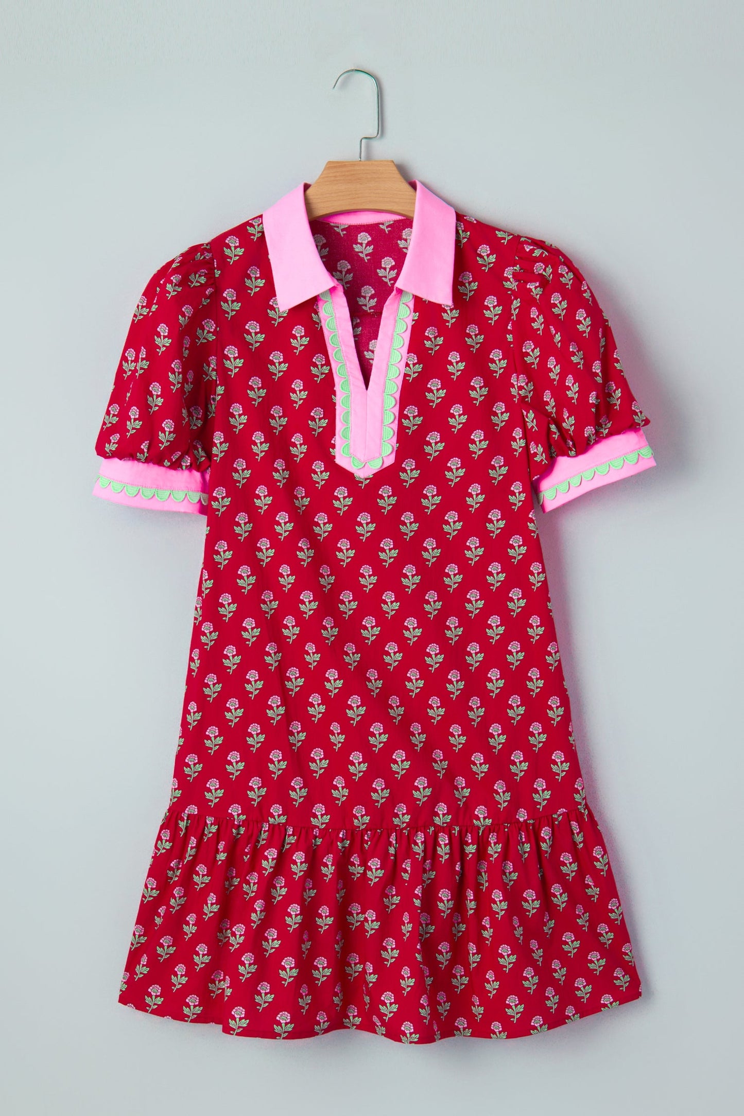 Floral V-Neck Short Bubble Sleeve Mini Dress