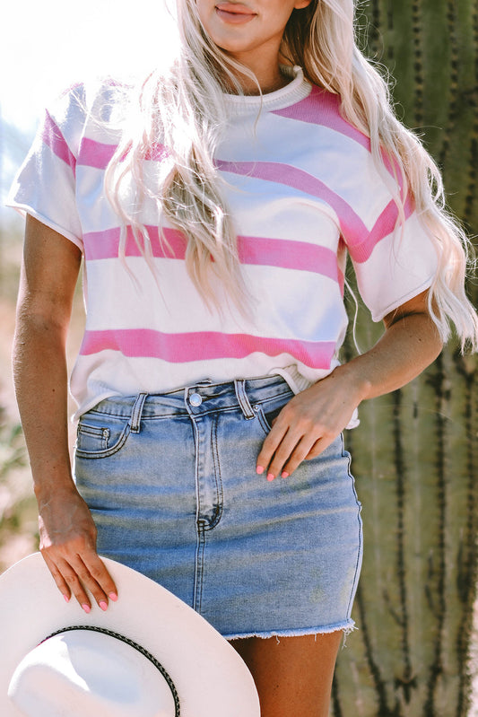 Stripe Knit Drop Short Sleeve Sweater