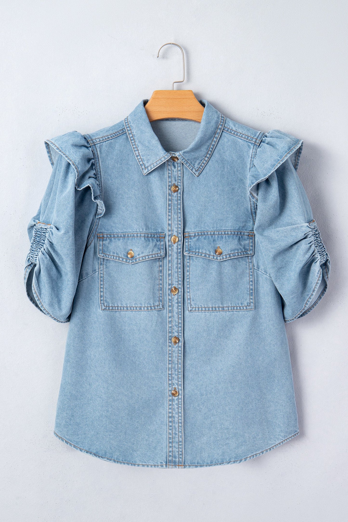 Ruffle Detail Puff Sleeve Button-Down Denim Shirt