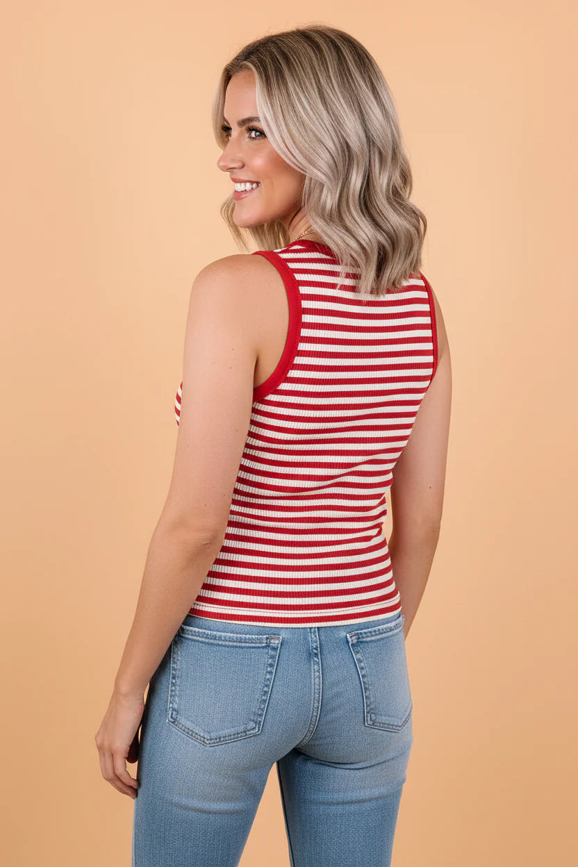 Stripe Ribbed Knit Buttoned Tank Top