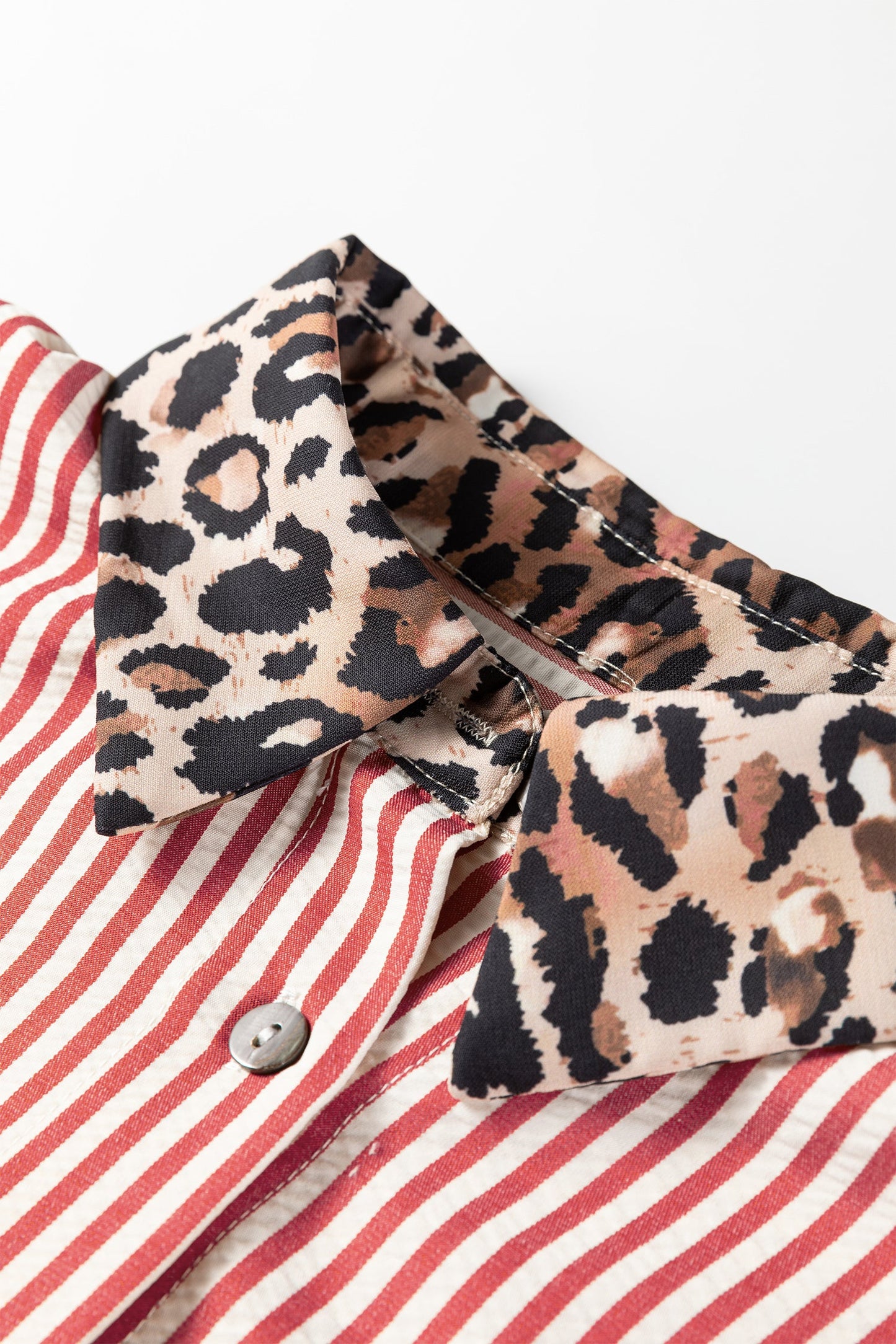 Stripe Leopard Patchwork Button-Up Womens Shirt