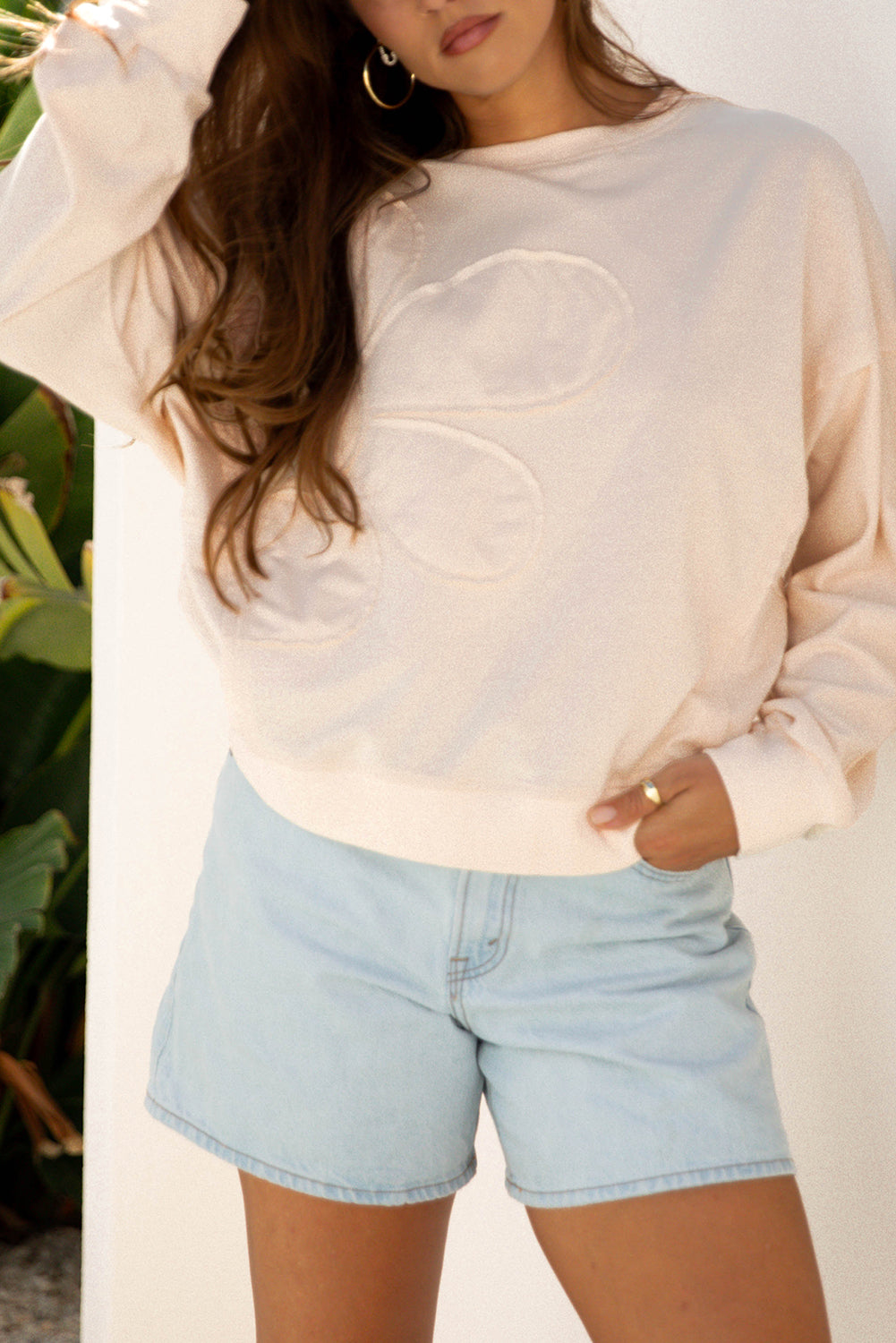 Floral Patch Raw Edge Drop Shoulder Top