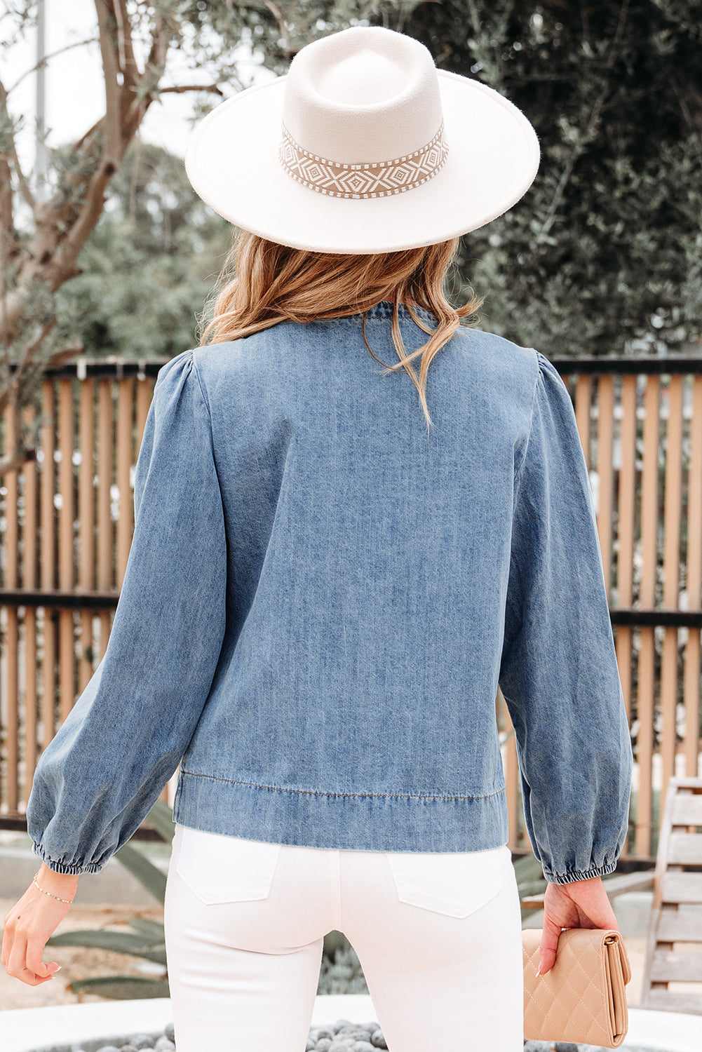 Solid Denim Tie-Front Puff Sleeve Top