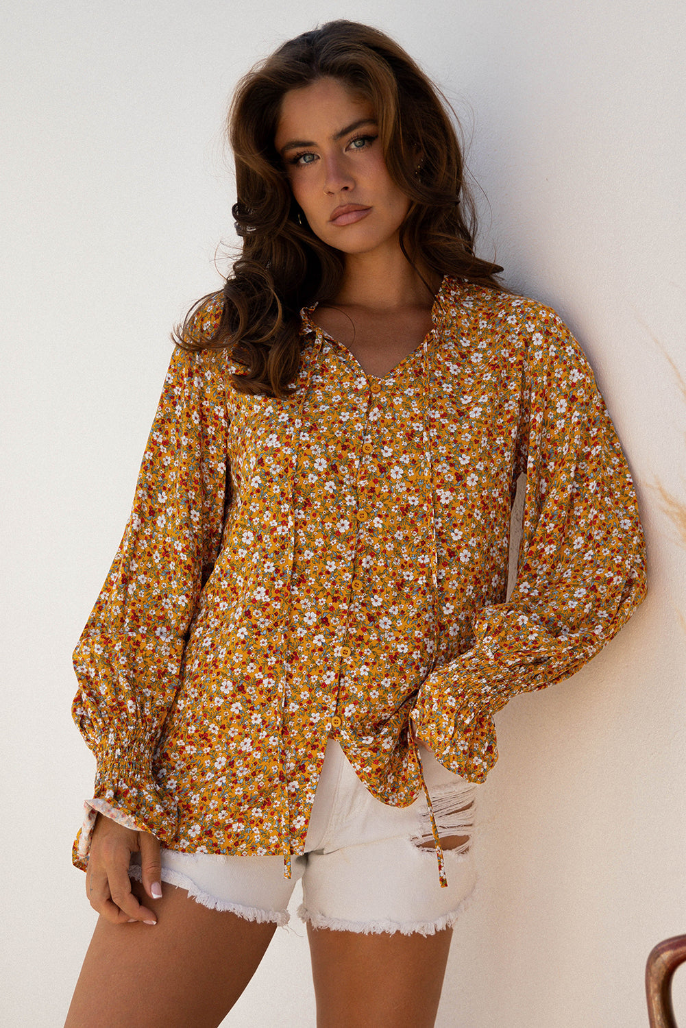 Boho Floral Ruffle Bubble Sleeve V-Neck Blouse