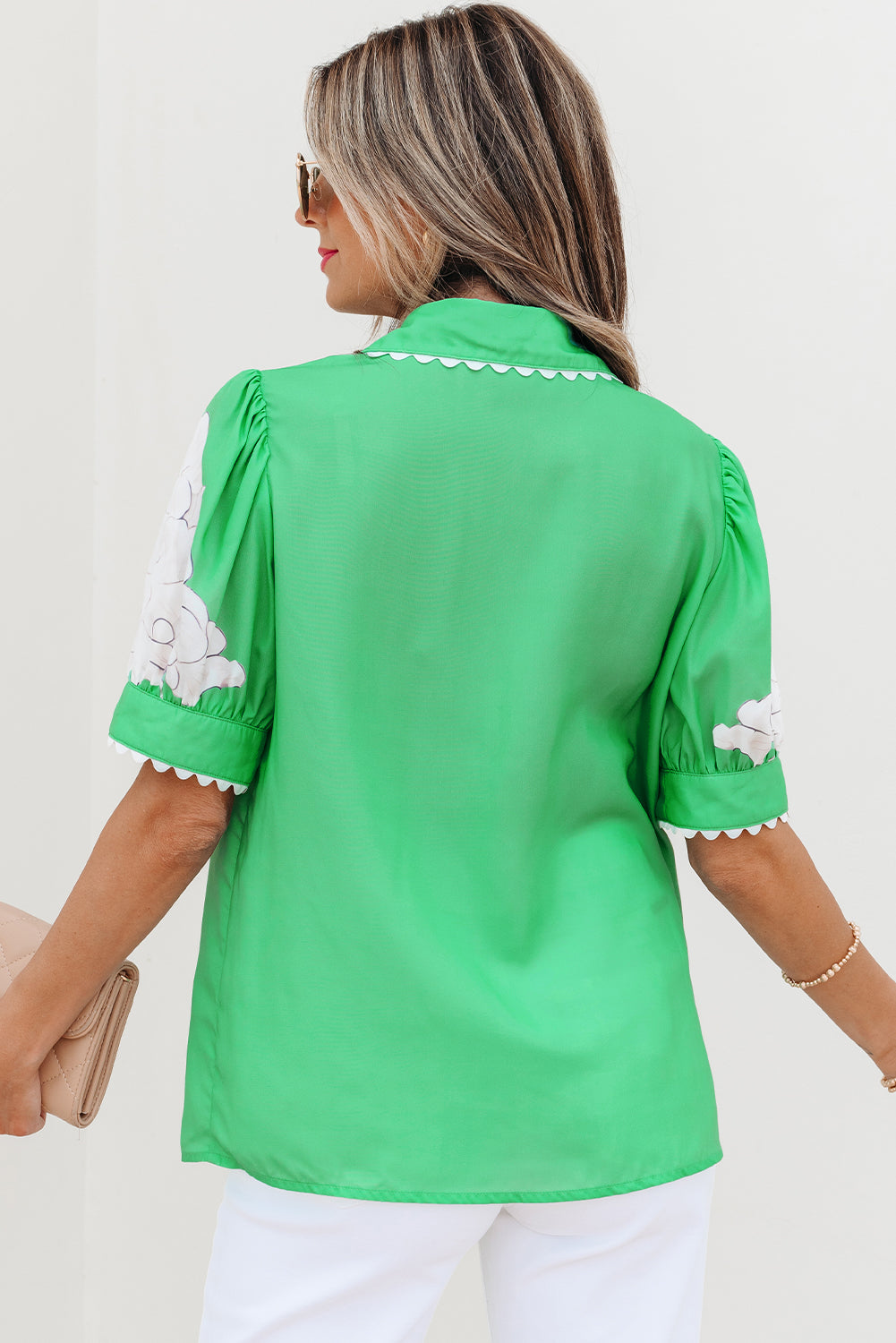 Floral Ric-Rac Edge Puff Sleeve Button-Up Shirt