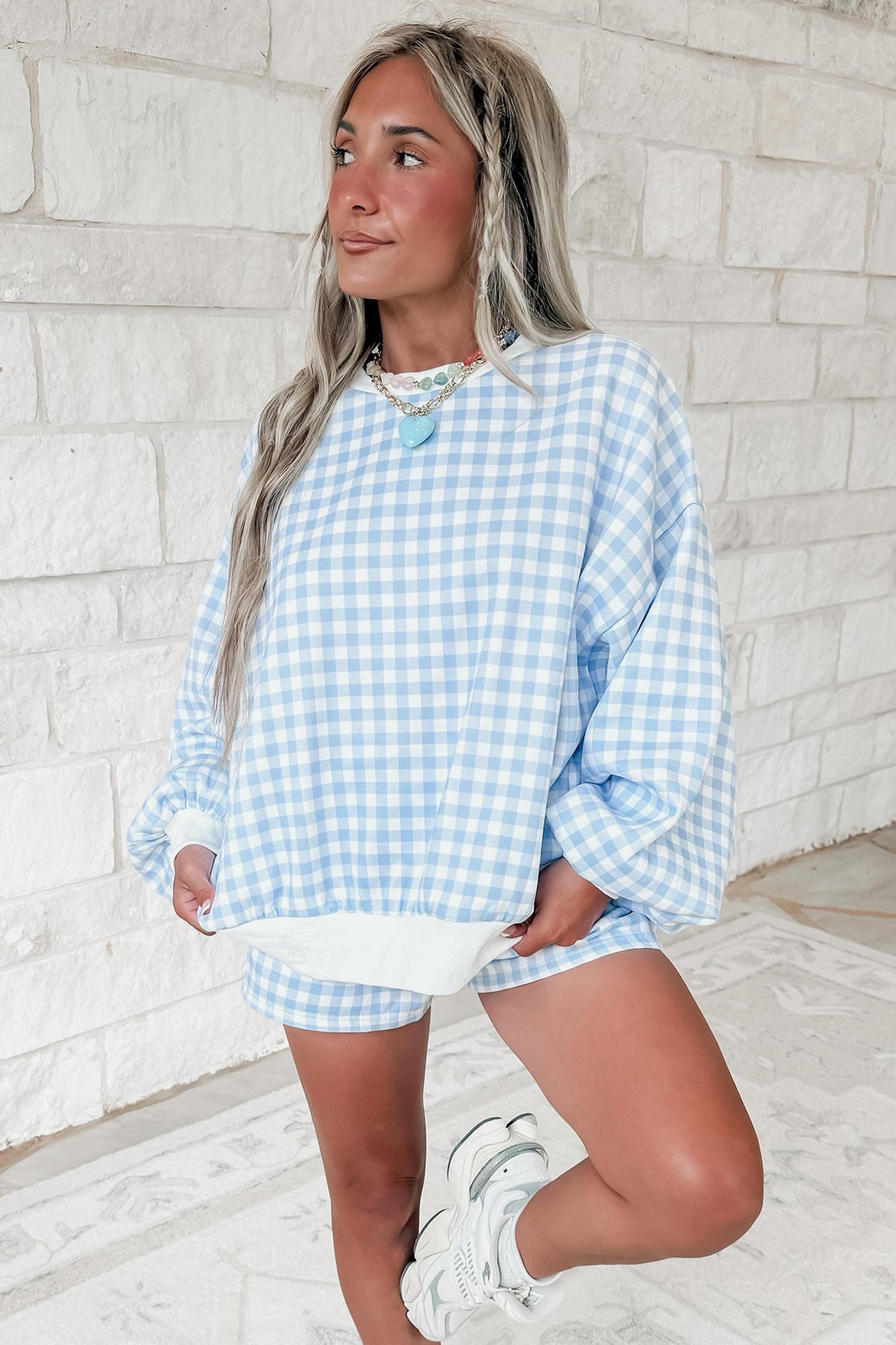 Gingham Contrast Trim Pullover Top & Shorts Set