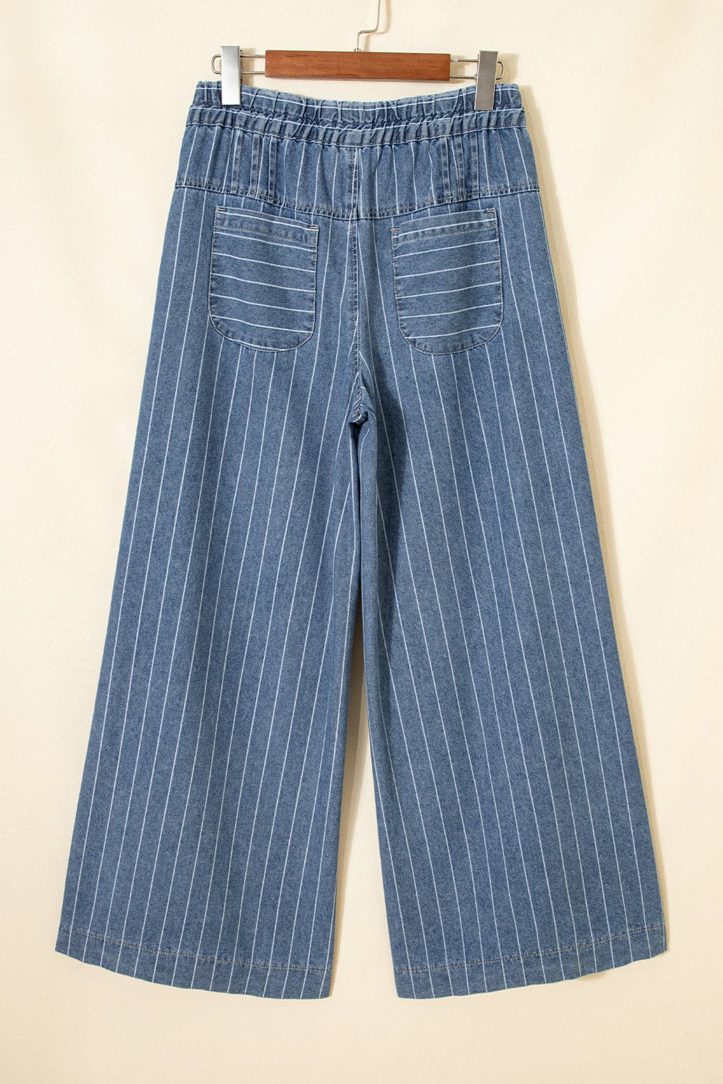 Stripe Button Pleated Drawstring Wide Leg Jeans