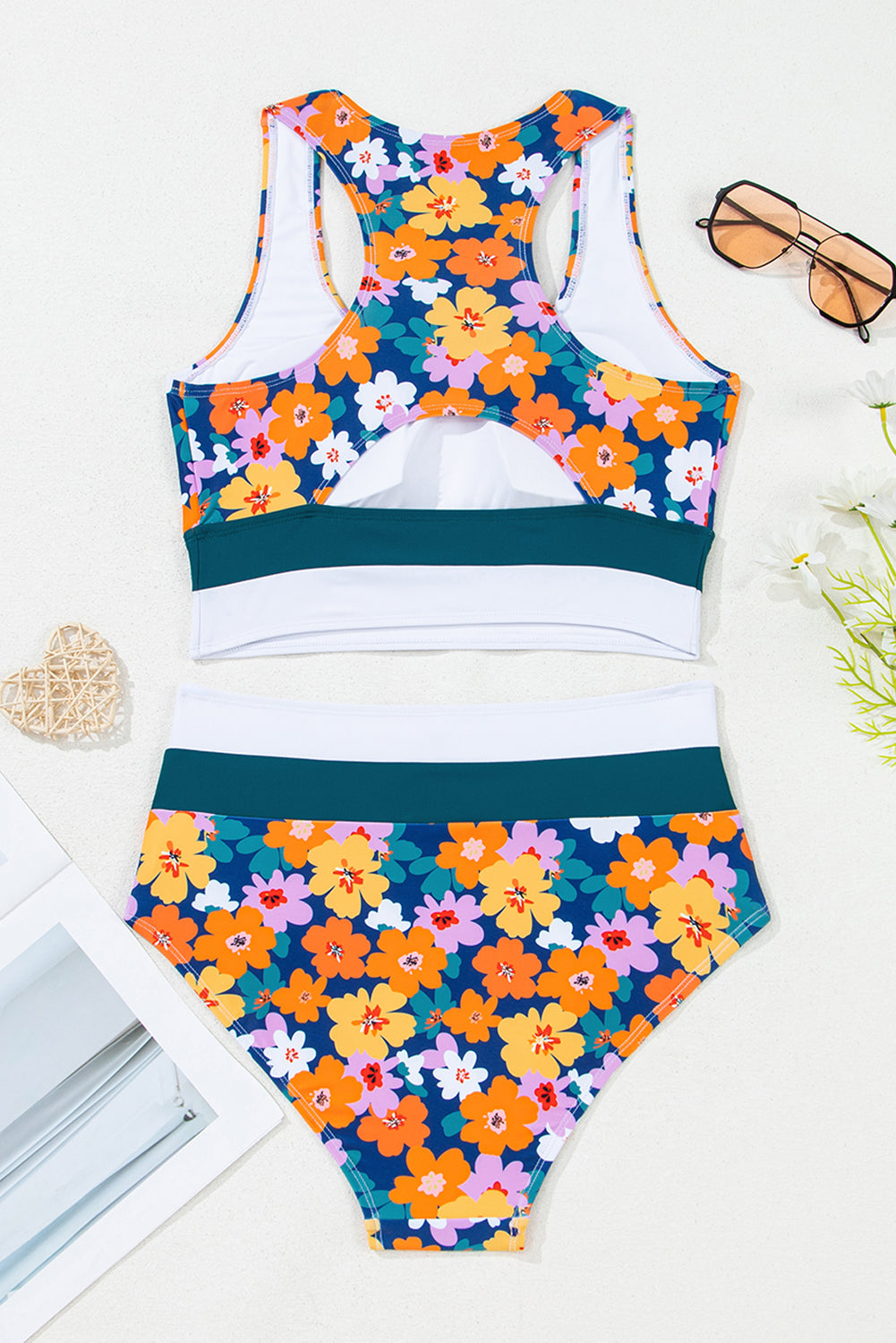 Floral Racerback Cutout High Waist 2pcs Bikini