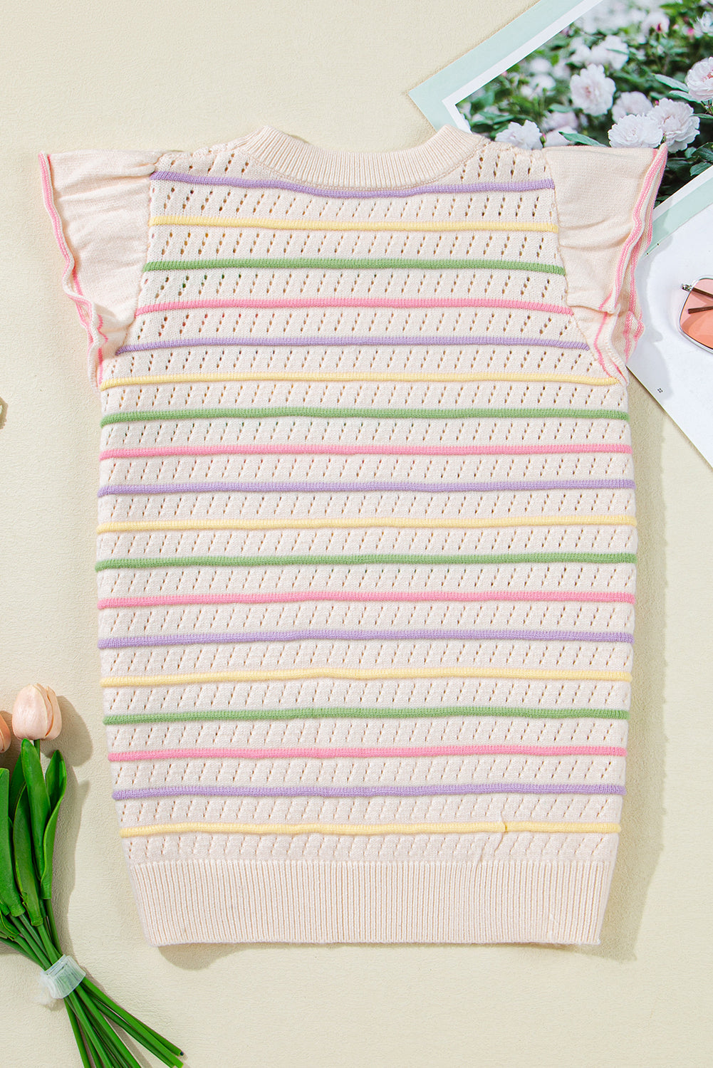 Colorful Stripe Eyelet Knit Ruffle Sleeve Sweater