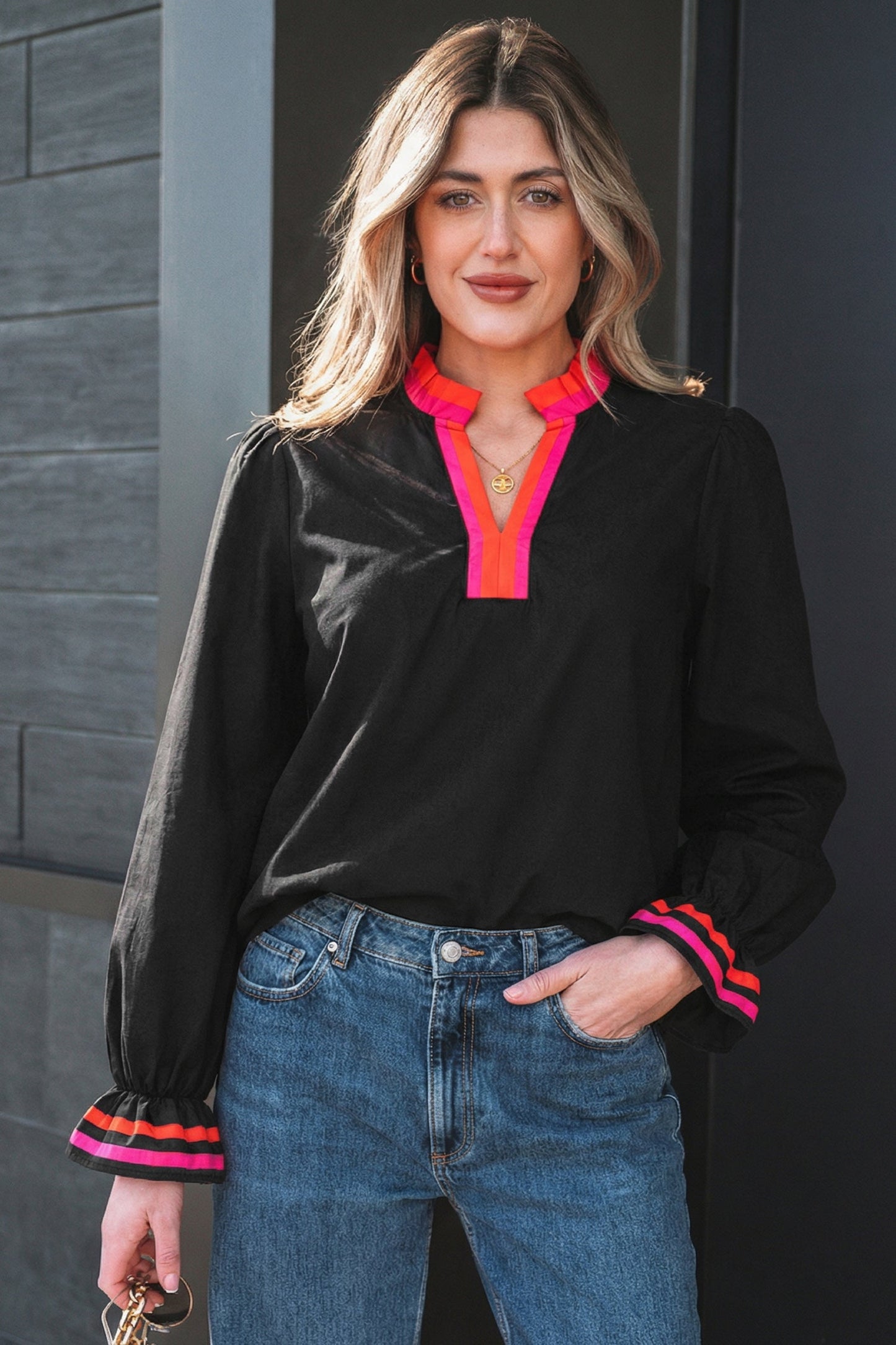 Stripe Trim Ruffle Split Neck Long Sleeve Blouse